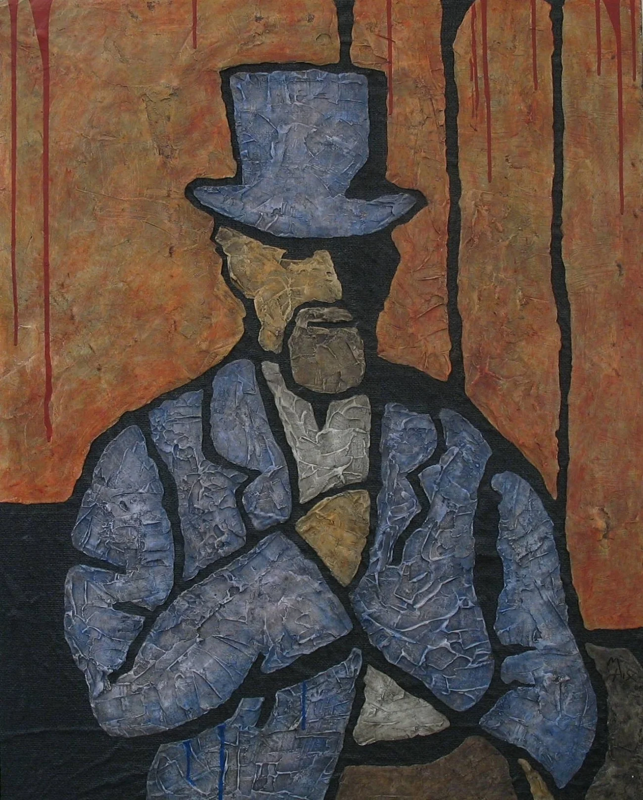 man in top hat 43x35" oil, plaster, burlap