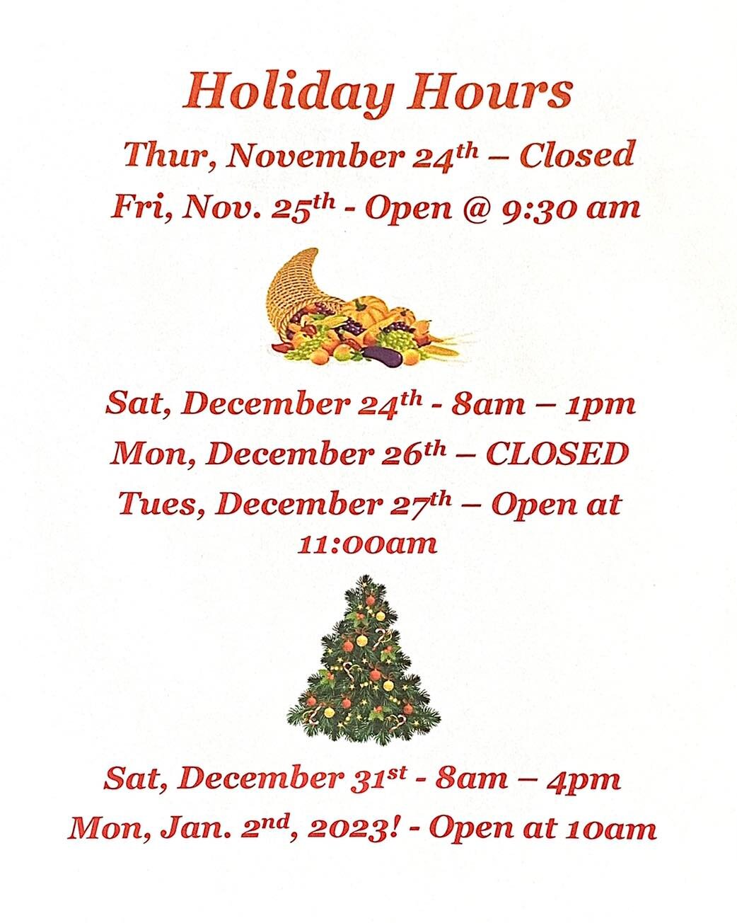 Visiting your family for the holidays might mean that you&rsquo;re planning on giving ours a visit too!
Here are our updated holiday hours for this year to help you plan ahead and stay ahead. 🤎🧡❤️💚