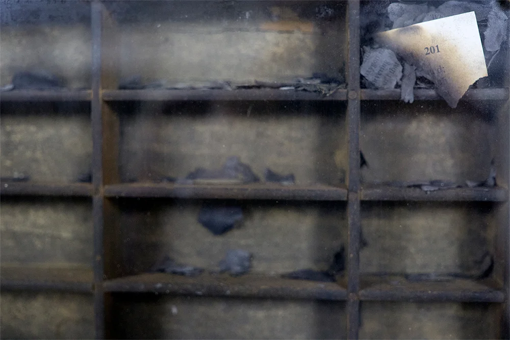   Suffocate I , (detail) 2005 Ashes, letterpress tray 82 x 36 x 2.5 cm (32 x 14 x .9 in.) 