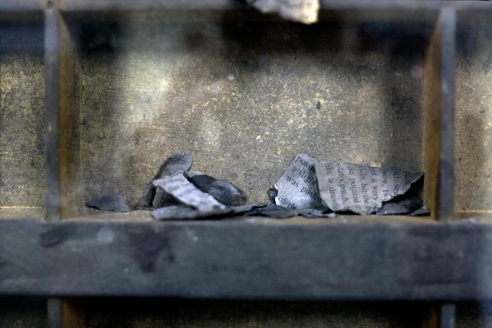   Suffocate I , (detail) 2005 Ashes, letterpress tray 82 x 36 x 2.5 cm (32 x 14 x .9 in.) 