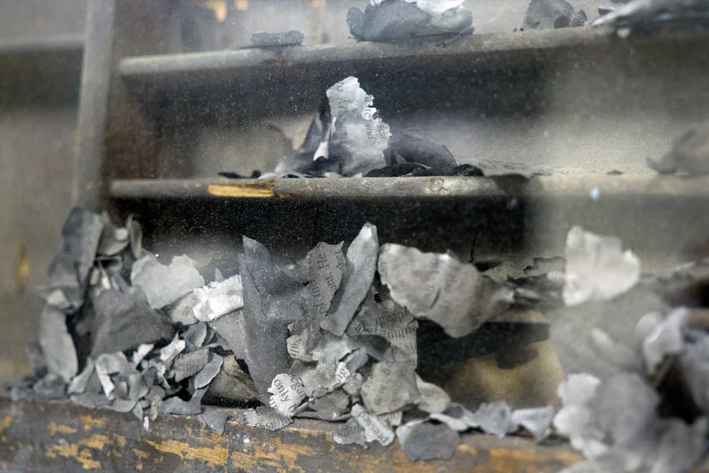   Suffocate II , (detail) 2005 Ashes, letterpress tray 82 x 36 x 2.5 cm (32 x 14 x .9 in.) 