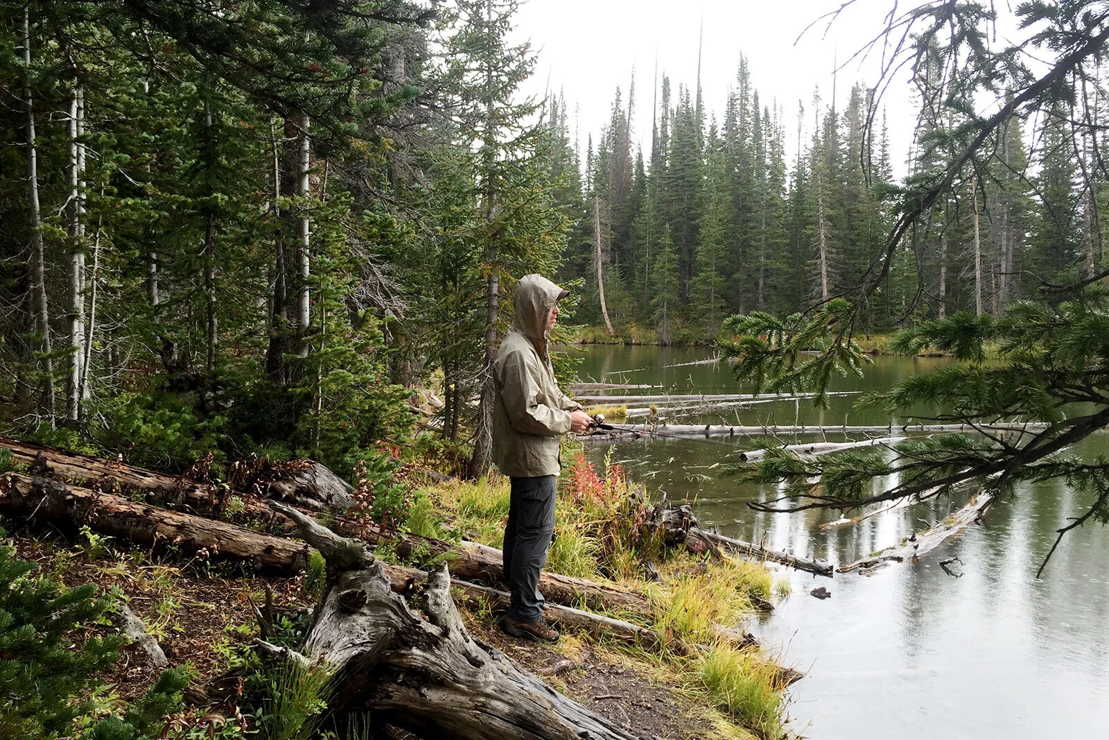 Fishing in the rain by a small unnamed pond feed by Smith Creek. The fish weren’t biting, they never did but that’s never the point.