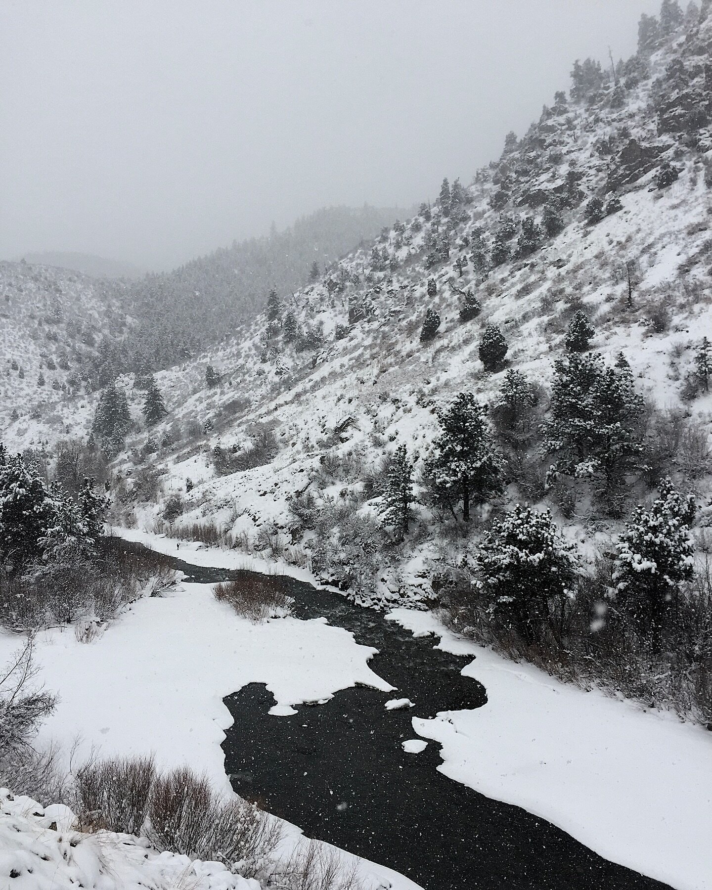 Snow falls on a partially frozen Clear Creek, a tributary of the South Platte, flowing through the step walls of Clear Creek Canyon.
Golden, Colorado