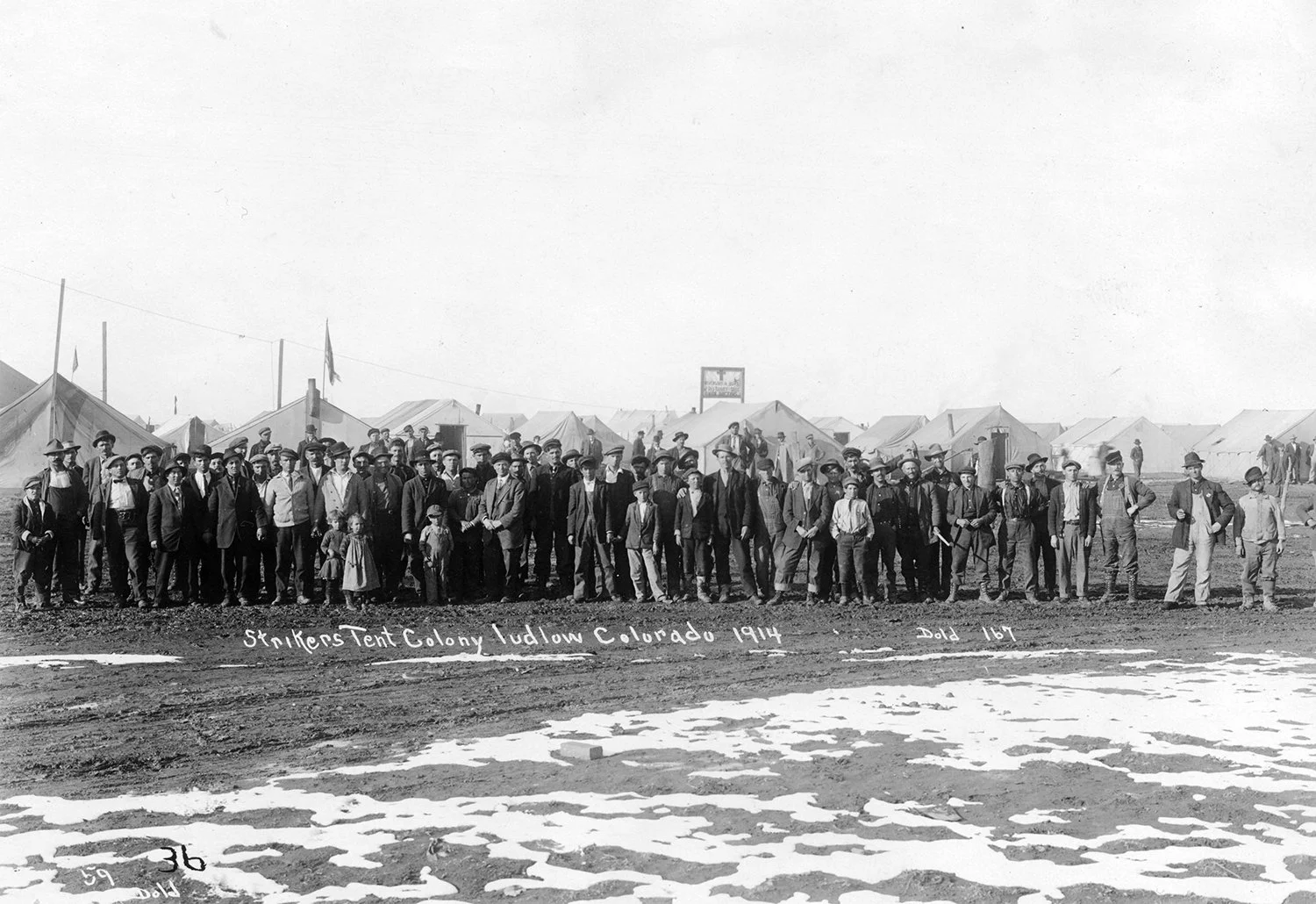 Wide panoramic black and white photograph showing rows of men assembled at the Ludlow Colorado tent colony in 1914.