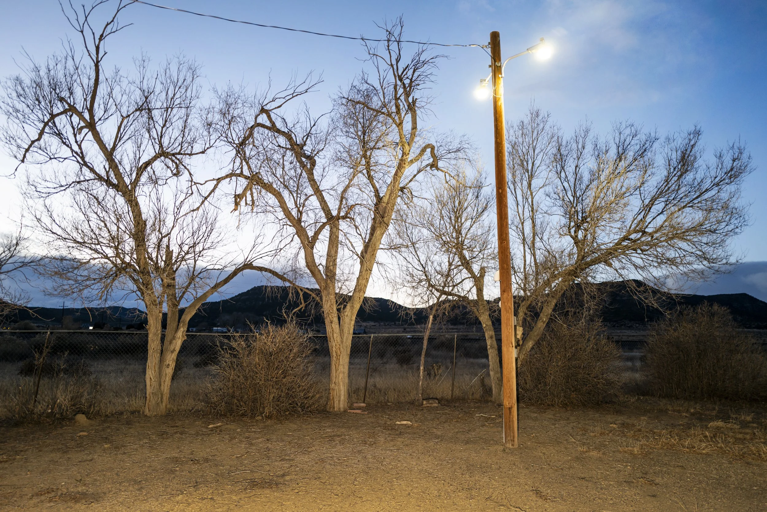 Dusk landscape near the Ludlow Massacre site in Colorado, featuring trees and open plains tied to early 20th-century labor history.
