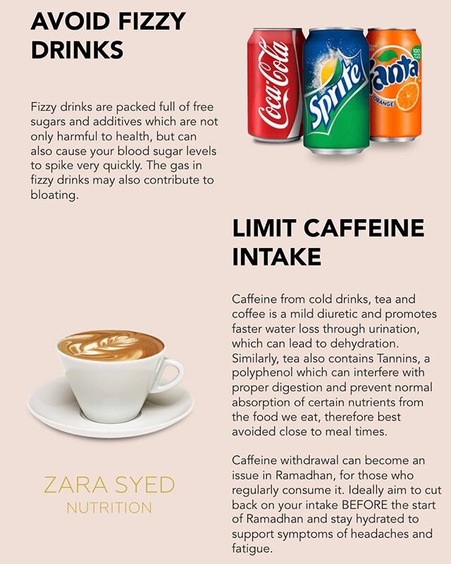 NUTRITION IN RAMADHAN 🌙
⠀⠀⠀⠀⠀⠀⠀⠀⠀⠀⠀⠀
Avoid fizzy drinks and limit caffeine intake ☕️
⠀⠀⠀⠀⠀⠀⠀⠀⠀⠀⠀⠀
Only 10 days left of Ramadhan..let&rsquo;s make them count! Click the link in my bio to download my free e-book for lots of useful tips while fasting! 
