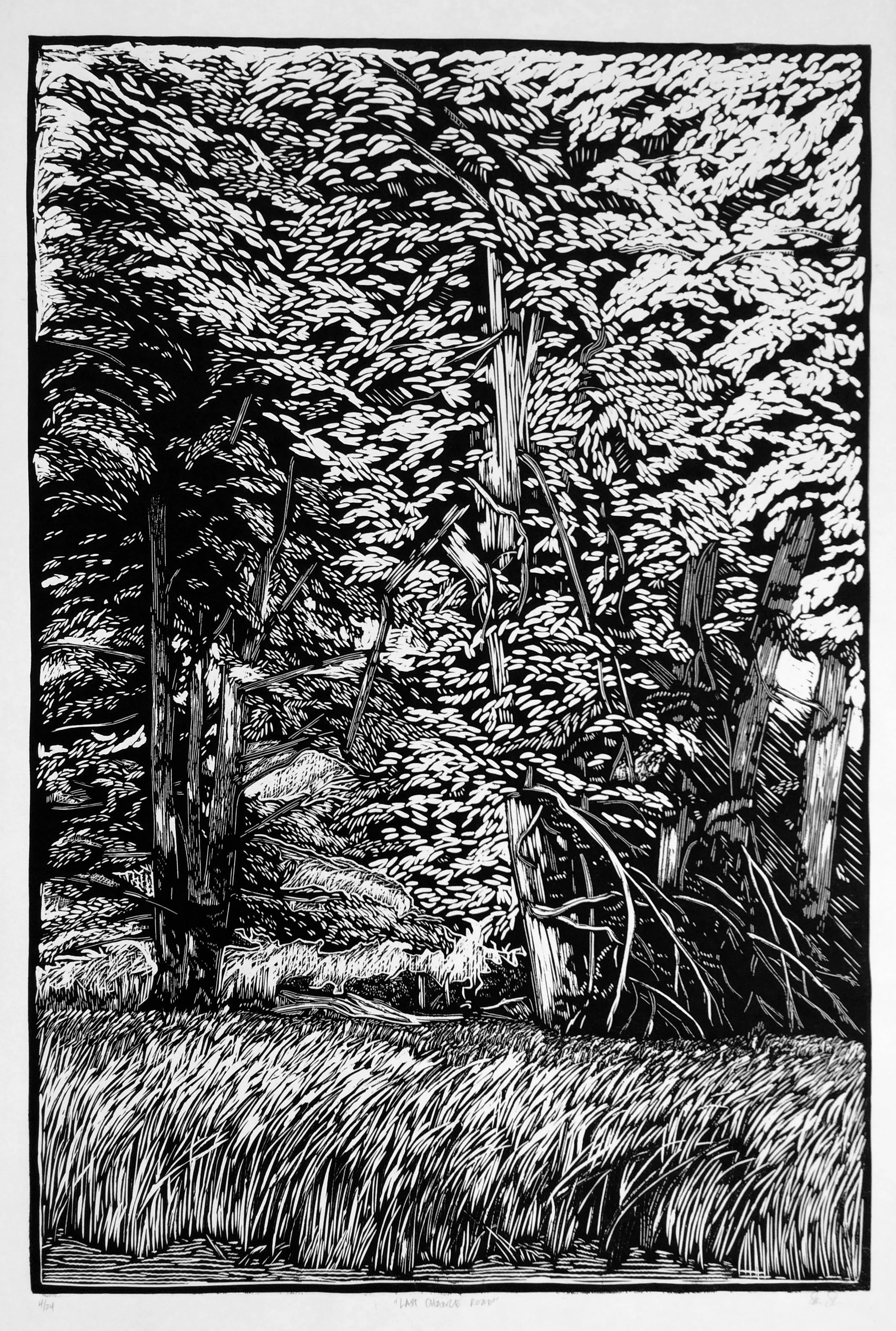 LAST CHANCE ROAD ARTIST: Sirima Sataman MEDIUM: Linocut – Ink on 100% cotton paper DIMENSIONS: 36 in x 48 in | 91,44 cm x 121,92 cm EDITION: 24 PRICE: $750 unframed | $1800 framed