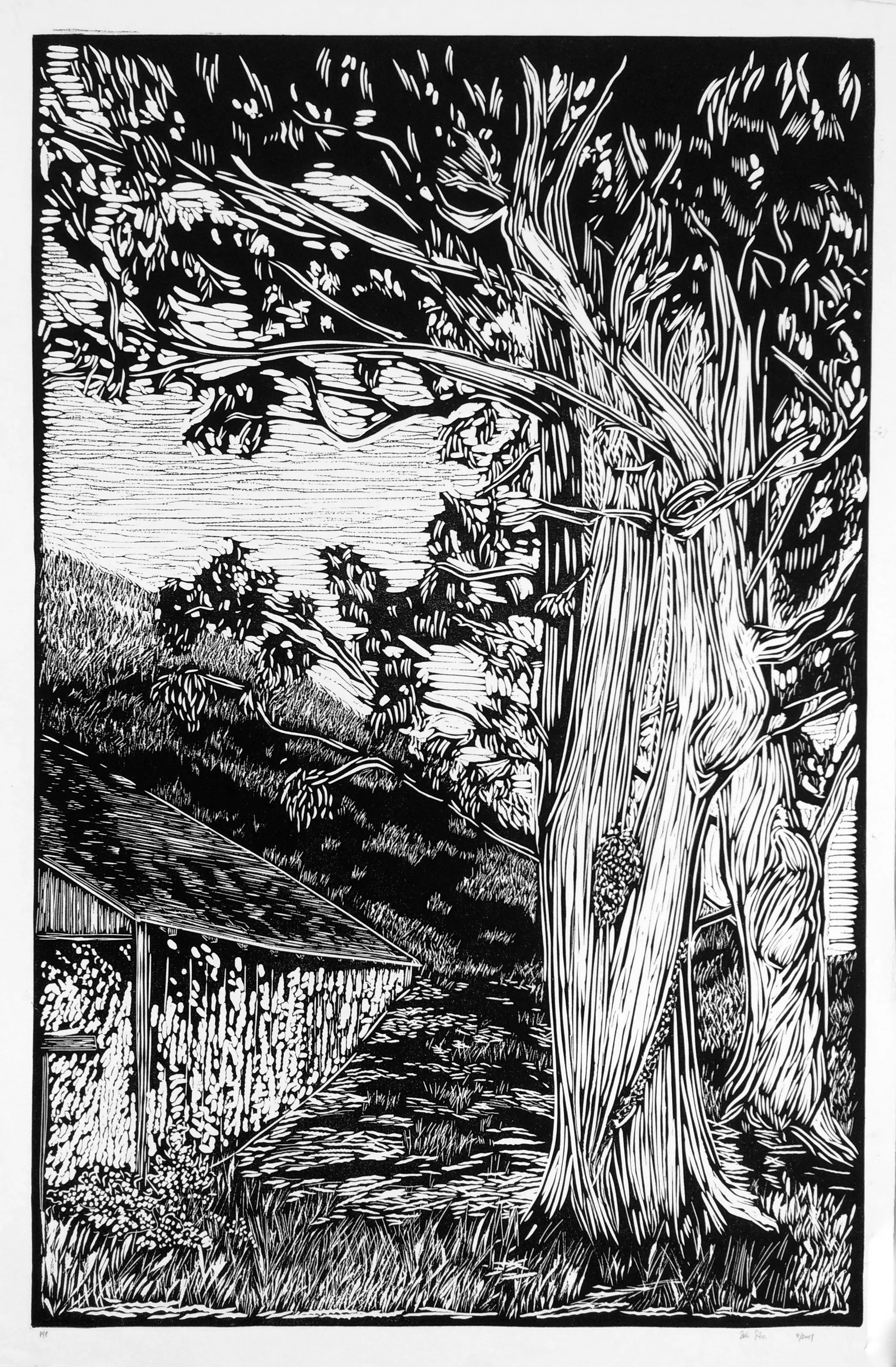 QUESERA CREEK ARTIST: Sirima Sataman MEDIUM: Linocut – Ink on 100% cotton paper DIMENSIONS: 36 in x 48 in | 91,44 cm x 121,92 cm EDITION: 24 PRICE: $750 unframed | $1800 framed