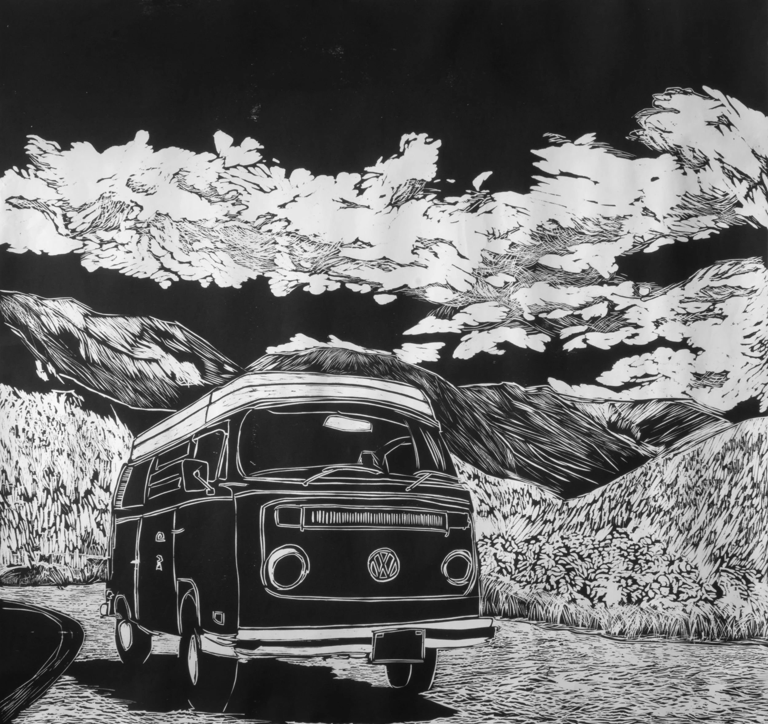 MCCLURE PASS (LEFT) ARTIST: Sirima Sataman MEDIUM: Woodcut – Ink on Japanese paper DIMENSIONS: 46 in x 48 in | 116,84 cm x 121,92 cm EDITION: 6 PRICE: $2500 unframed (only 1 left) | $5500 framed (upon request)