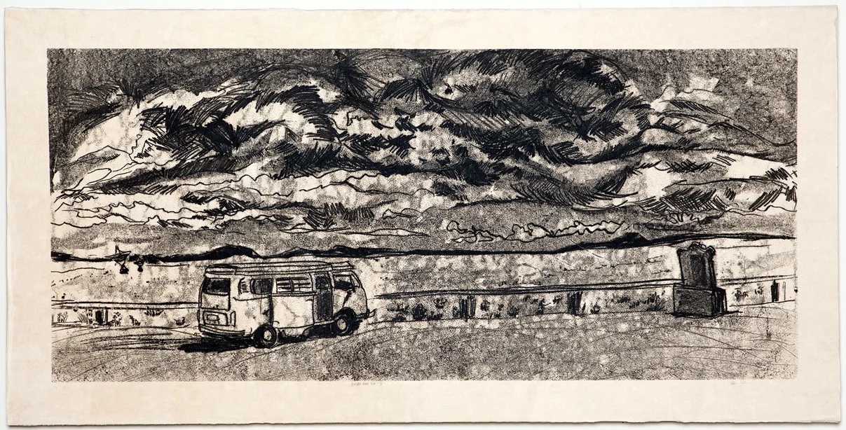 CLOUDS OVER VLA 3 ARTIST: Sirima Sataman MEDIUM: Monoprint – Ink on Japanese paper mounted on birch wood panel DIMENSIONS: 30 in x 60 in | 76,2 cm x 152,4 cm EDITION: 1/1 PRICE: $2000