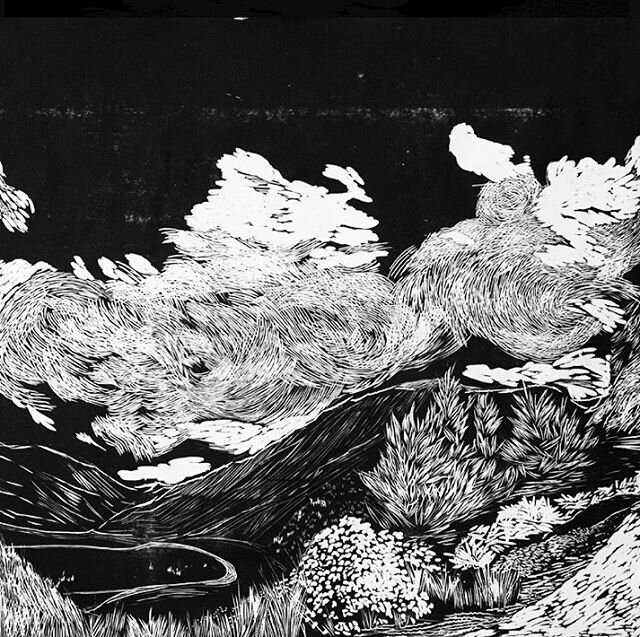 Giclees available:
Mclure Pass (Clouds), Woodcut, 17&rdquo;x18&rdquo; Large giclee $75, Medium 13&rdquo;x14&rdquo; giclee $50. (Original 4&rsquo;x4.5&rsquo; prints sold out.) Here&rsquo;s a closer look at the Mclure Pass Ditych (right panel - Clouds)