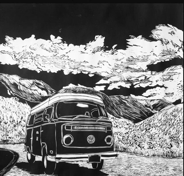 Giclees available:
Mclure Pass (VW), Woodcut, 17&rdquo;x18&rdquo; Large giclee $75, Medium 13&rdquo;x14&rdquo; giclee $50. (Original 4&rsquo;x4.5&rsquo; prints sold out.) Here&rsquo;s a closer look at the Mclure Pass Ditych (left panel - VW Bus)