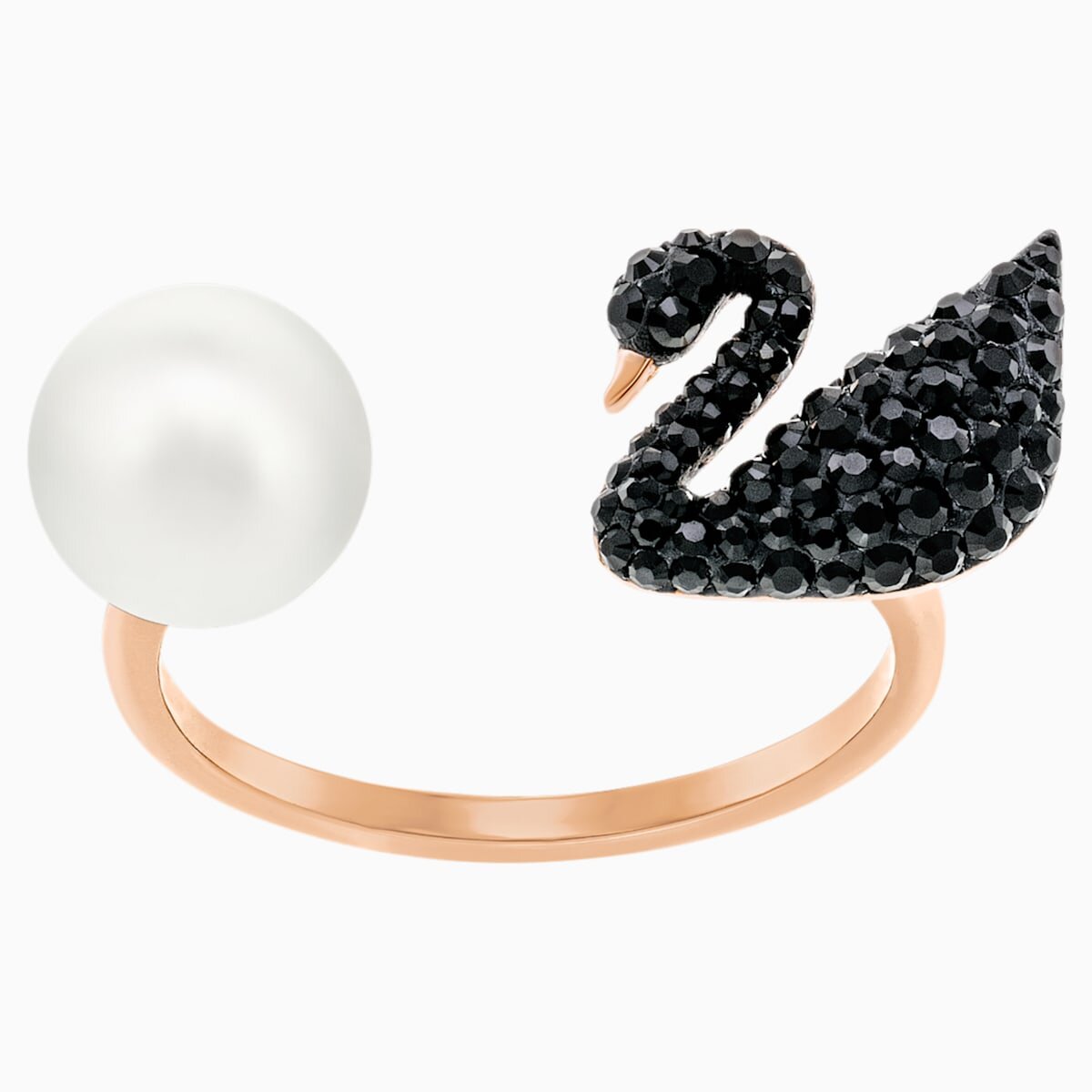  ICONIC SWAN OPEN RING, BLACK, ROSE-GOLD TONE PLATED