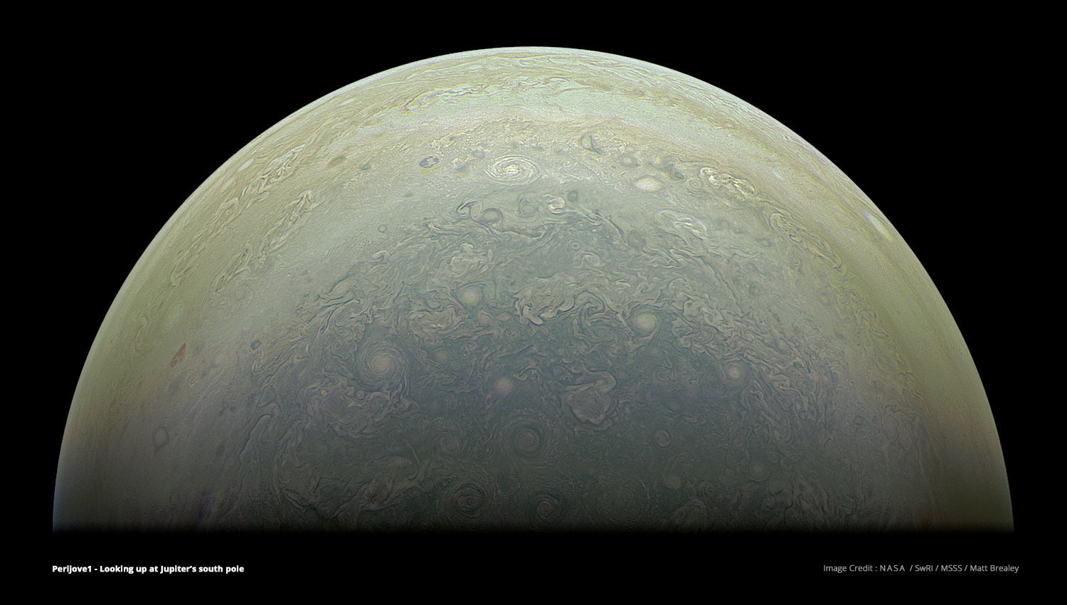 Jupiter's south pole, constructed from raw images using common Visual Effects techniques and The Foundry's Nuke compositing software. Image Credit : NASA, SwRI, MSSS & Matt Brealey.