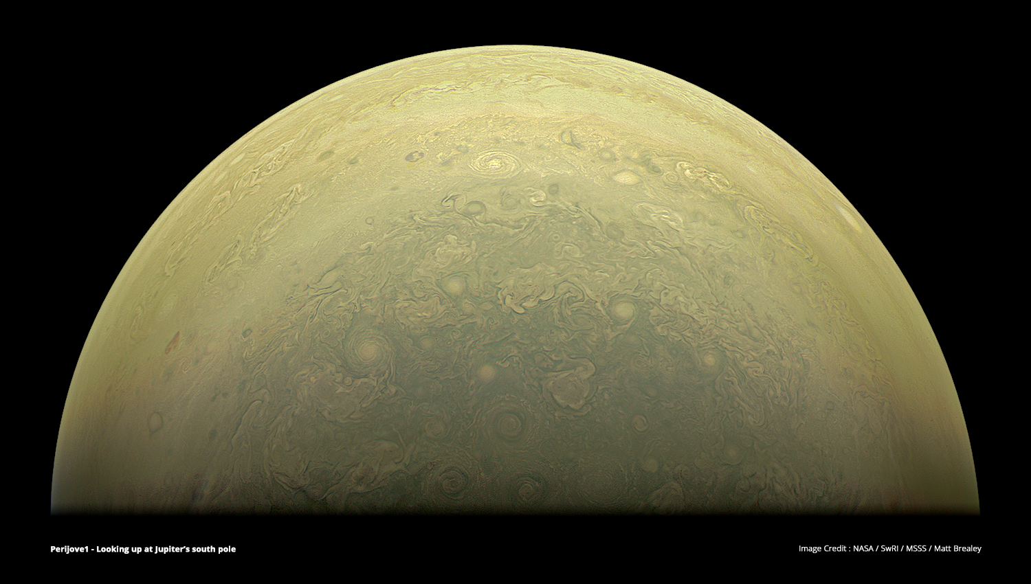 Jupiter's south pole, constructed from raw images using common Visual Effects techniques and The Foundry's Nuke compositing software. Image Credit : NASA, SwRI, MSSS & Matt Brealey.