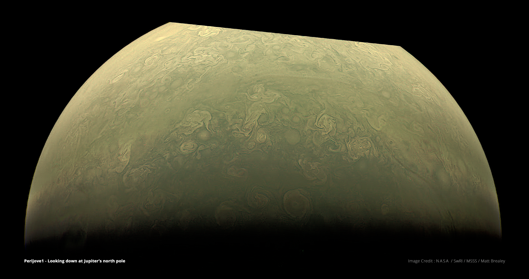 Jupiter's north pole, constructed from raw images using common Visual Effects techniques and The Foundry's Nuke compositing software. Visible compression artefacts are present in the raw data and not introduced through processing. Image Credit : NASA, SwRI, MSSS & Matt Brealey.