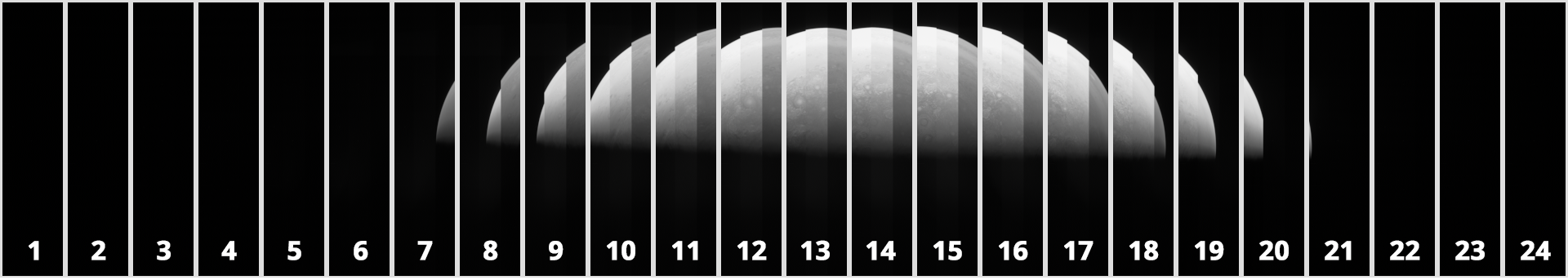 The raw image is constructed of 24 consecutively captured frames, outlined here. Image data featuring Jupiter is contained within frames 6-21. Raw Image Credit : NASA, SwRI, MSSS & Matt Brealey