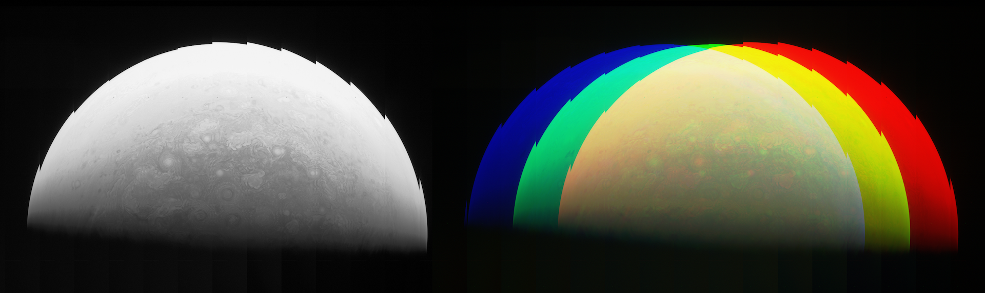 On the left, combining each of the red framelets results in a full but unaligned view of red-filtered Jupiter. On the right, combined but unaligned red, green and blue framelet images are layered on top of each other and coloured appropriately. Image Credit : NASA, SwRI, MSSS & Matt Brealey