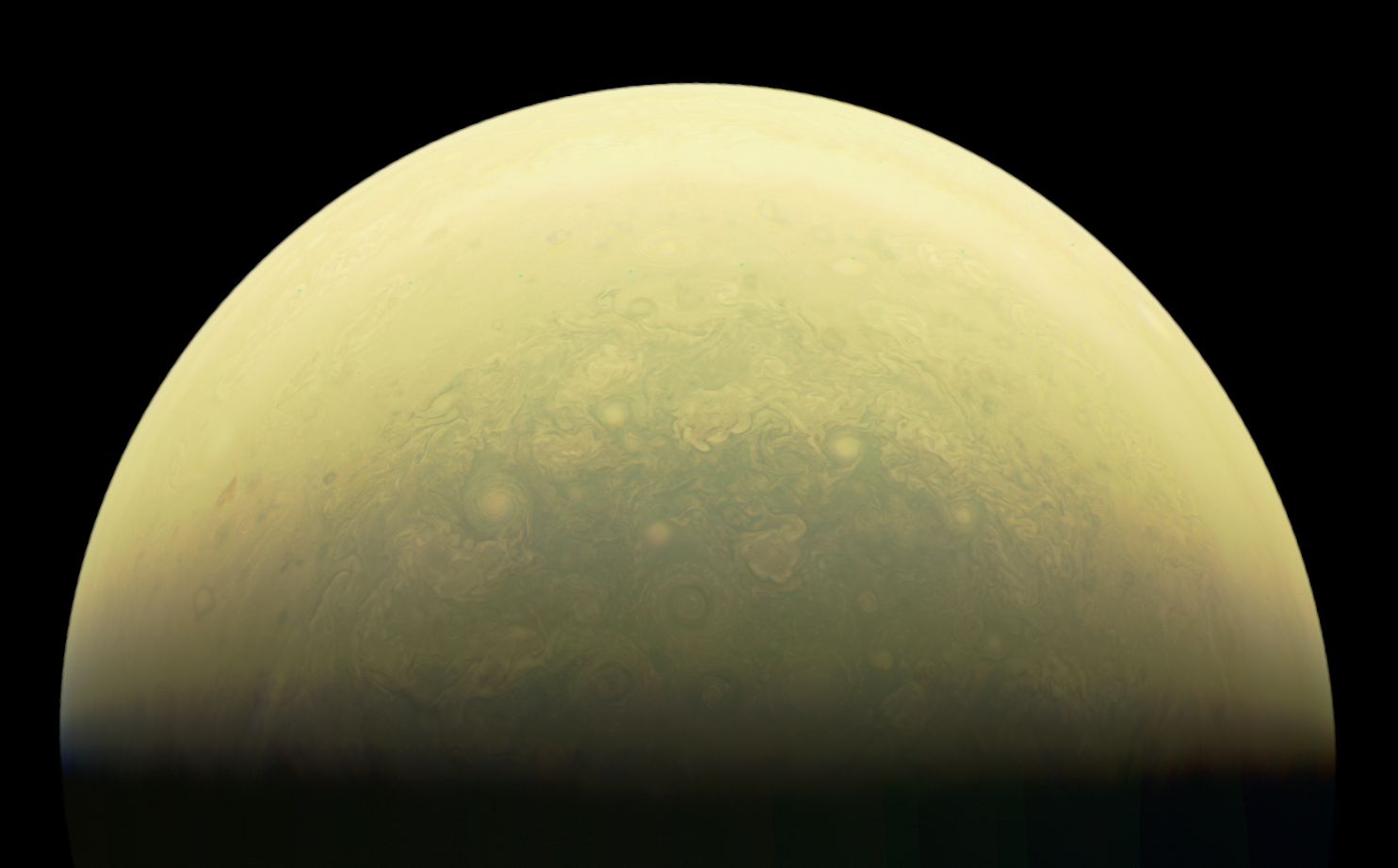 The combined red, green and blue channels of the south pole image after the splinewarping process. All red/green ghosting has been minimised. Image Credit : NASA, SwRI, MSSS & Matt Brealey