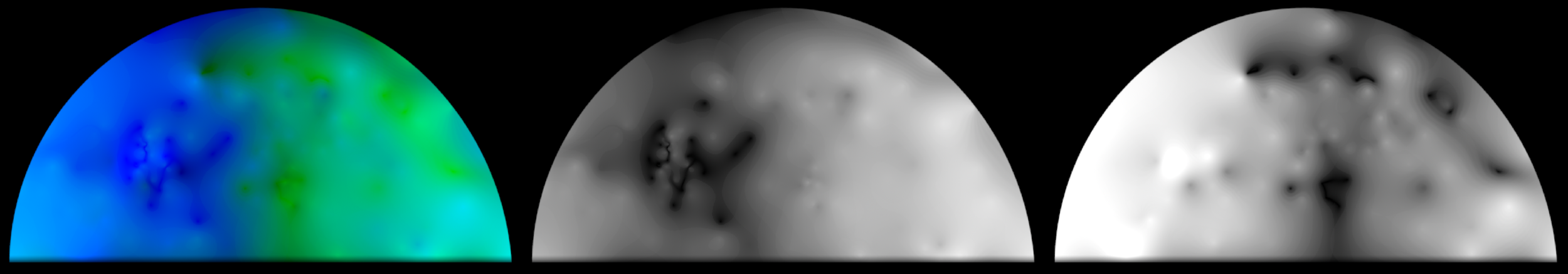 A heatmap showing the amount of warping applied to the green and blue channels from the south pole image, in order to match the 'target' red channel. The brighter the pixel, the more distortion was added between the source/final images, with a value of full colour representing 20px of movement. From left to right, both channels are shown together, the green channel is isolated, and the blue channel is isolated. Image Credit : Matt Brealey