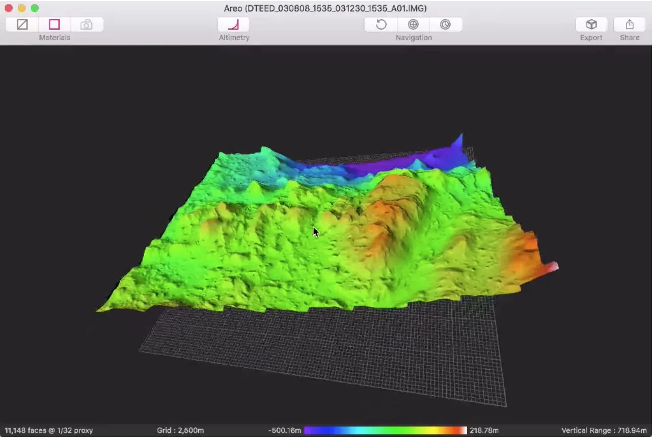 Areo Designed as a way to quickly view HiRISE imagery in a accessible way, Areo is a desktop app for OSX that allows you to generate full 3D models from downloaded DTM ( Digital Terrain Model ) files in seconds. You can add textures, alter level of detail and finally export the results for use in other 3D applications, or directly for 3D printing.