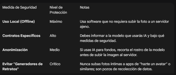 Tabla de medidas de seguridad para proteger fotografías Boudoir al utilizar inteligencia artificial