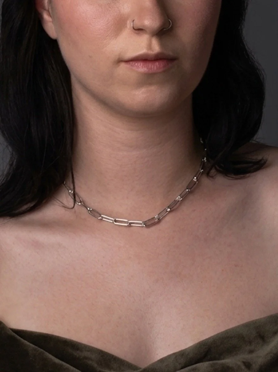 model wear 16 inch solid sterling silver paperclip chain necklace with t-bar clasp by Charlotte Garnett