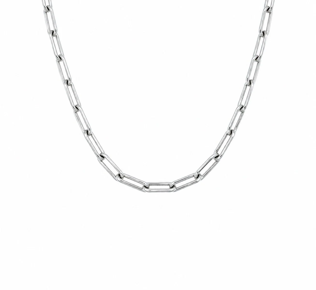 close up of solid sterling silver Paperclip rectangular link chain necklace by Charlotte Garnett