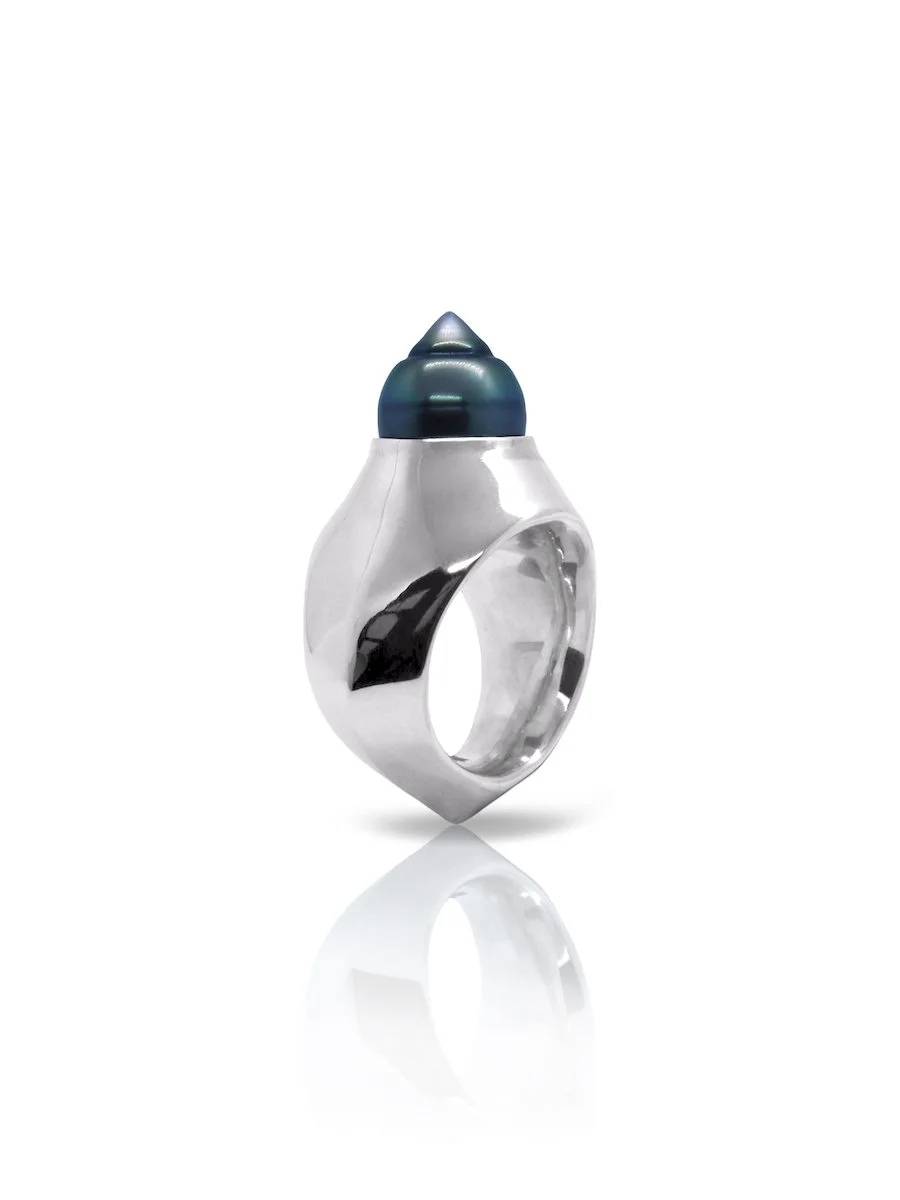 side view of statement Tahitian pearl and silver Shore ring by designer Charlotte Garnett