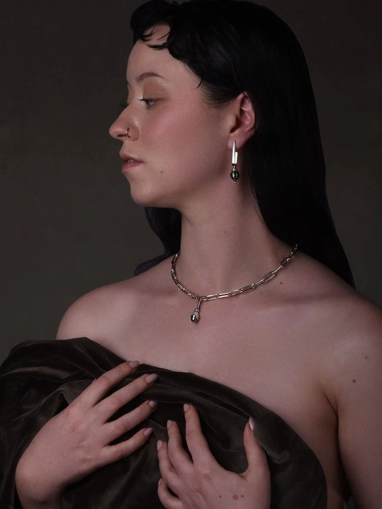 Paperclip solid silver wide chain with eddy pearl charm and eddy pearl drop earrings on model