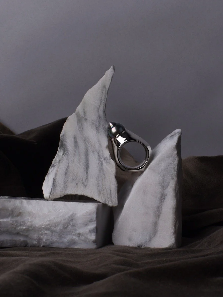 Still life image of Tahitian pearl and sterling silver Shore ring by Charlotte Garnett