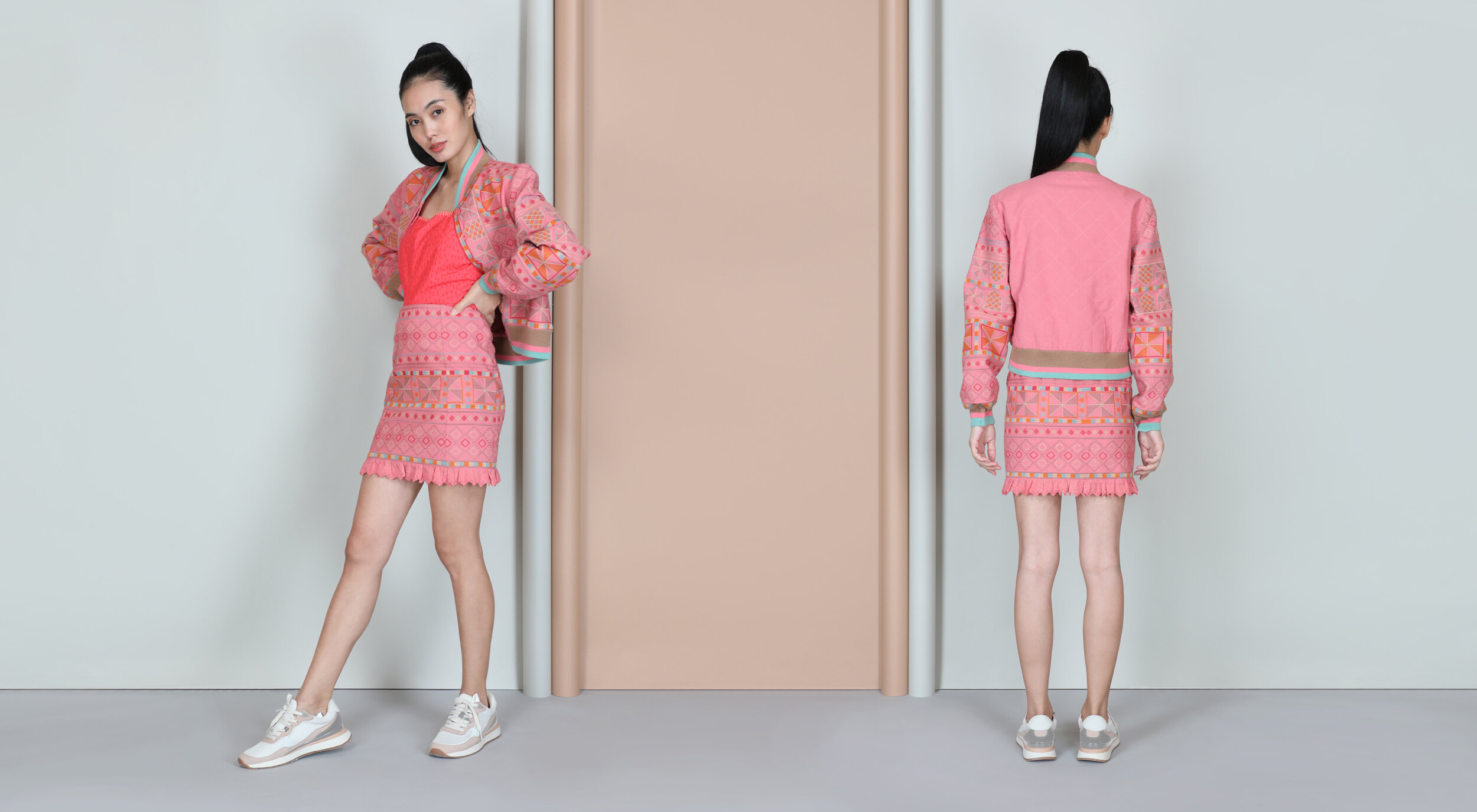 70985 GEORGINE JACKET POPPY PINK &amp; 92089 GISELLE SKIRT POPPY PINK