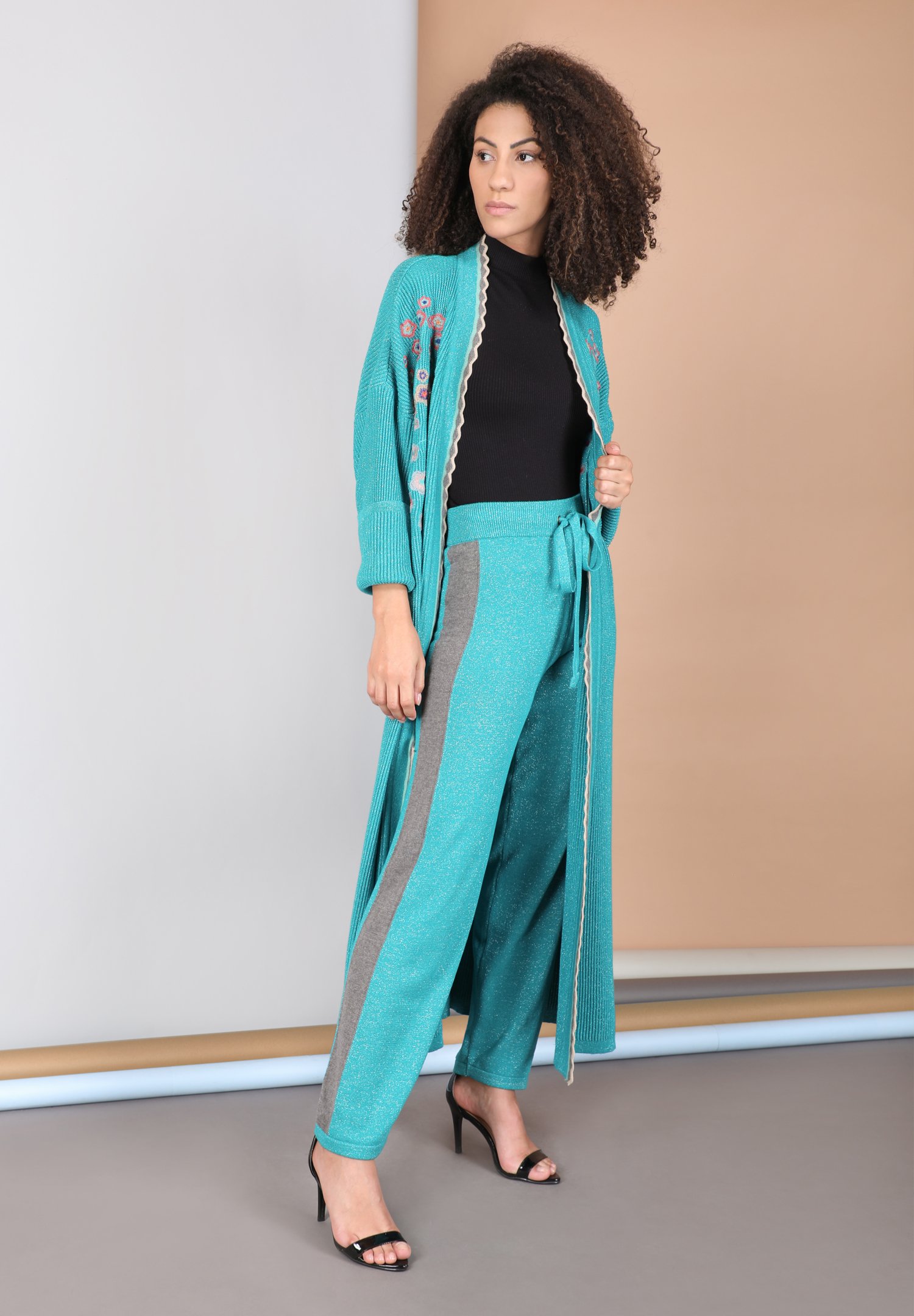  23248 ELIN KNITTED COVERUP TURQUOISE &amp; 92248 ANILA KNITTED TROUSERS TURQUOISE 