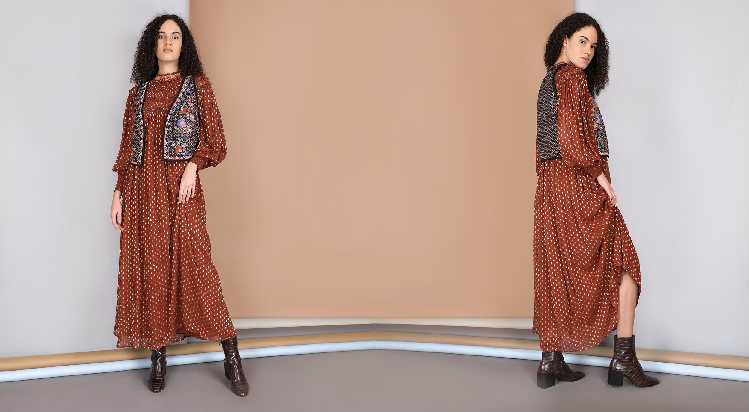  23218 ALIYANA GILET DP 5056 B_AW22 &amp; 401711 MARABELLA DRESS PECAN BROWN