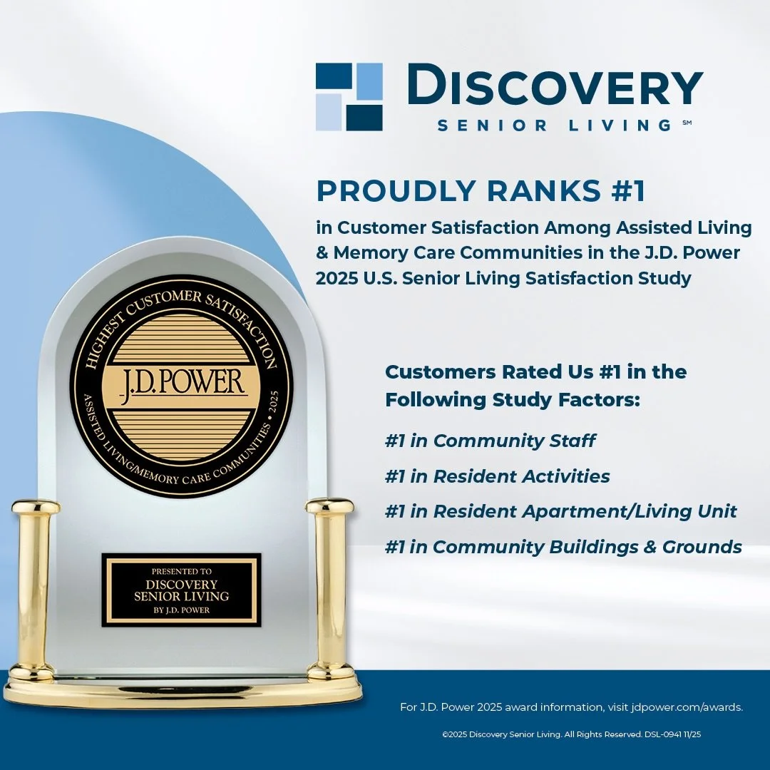 Big news at Discovery Senior Living!
 
We&rsquo;re honored to be ranked #1 in the nation for Customer Satisfaction among Assisted Living &amp; Memory Care Communities in the J.D. Power 2025 U.S. Senior Living Satisfaction Study, along with #1 in Comm