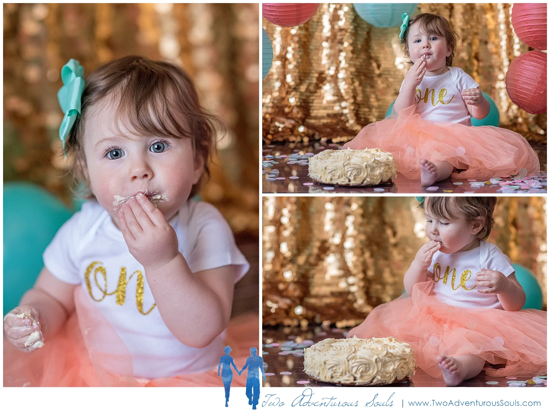 Maine Family Photographer, Two Adventurous Souls - Gold and Teal Cake Smash Session - 2