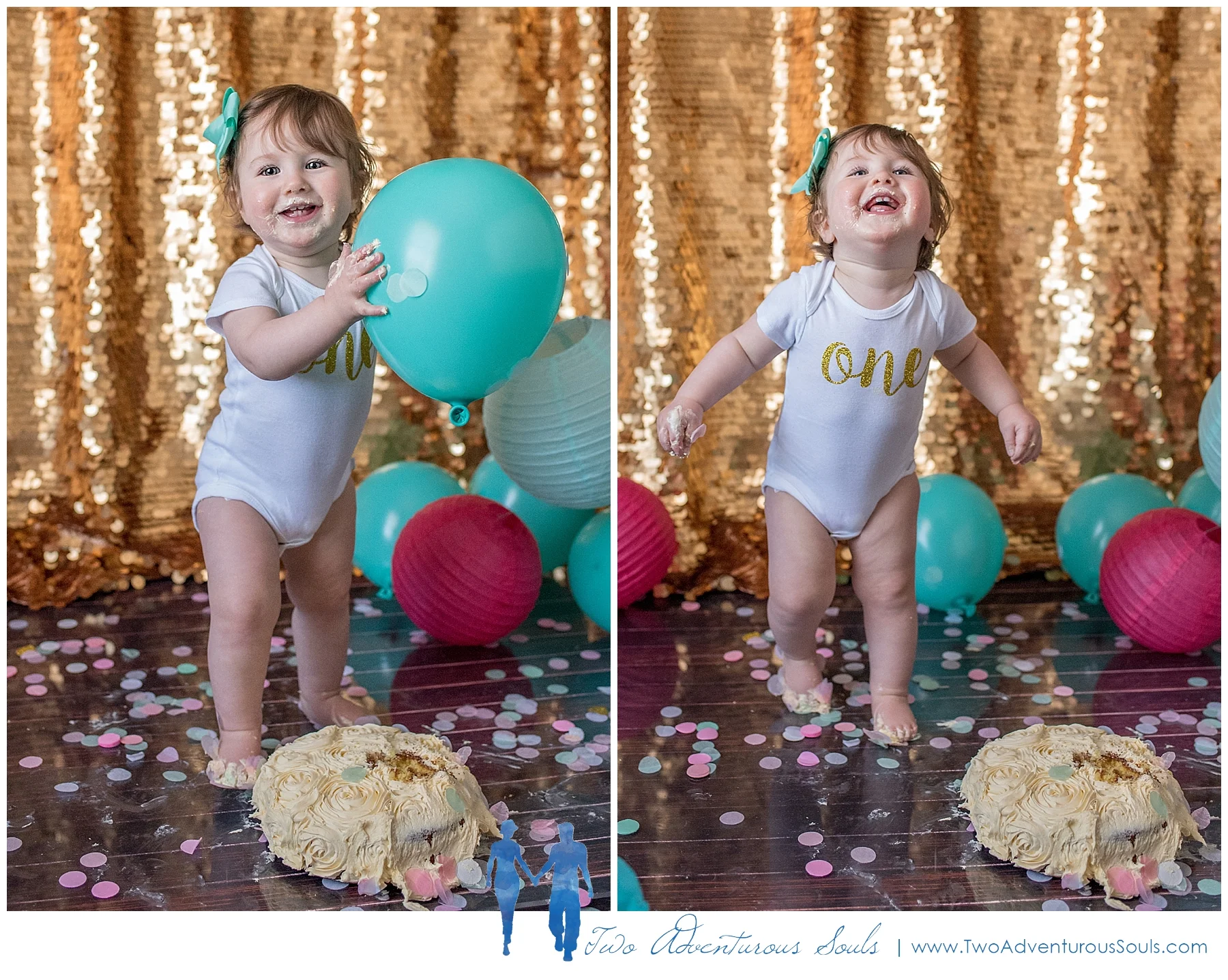 Maine Family Photographer, Two Adventurous Souls - Gold and Teal Cake Smash Session - 5