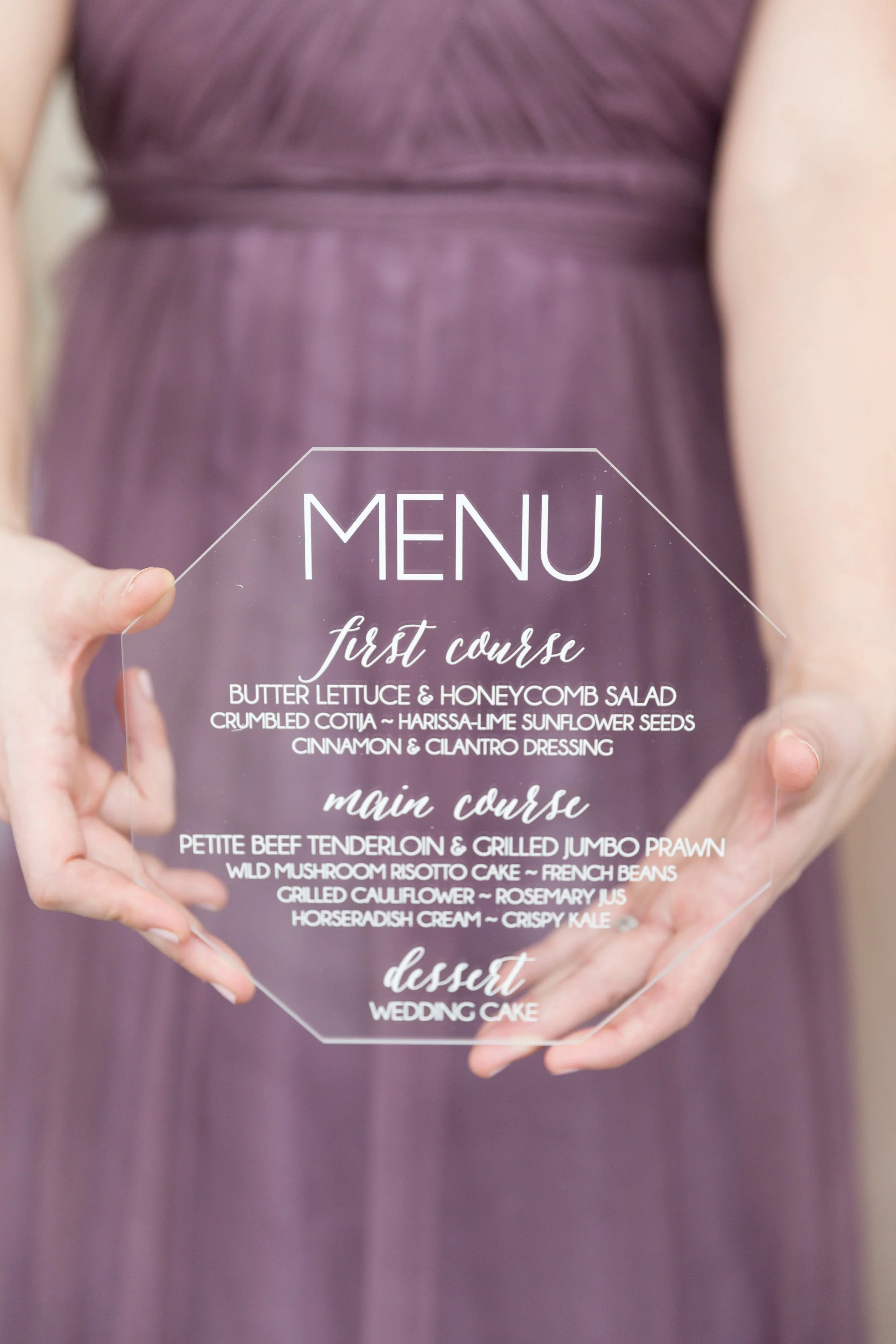 Acrylic Menu by Paper and Pine Co. | Photo by Riverbend Studio | Styled Shoot by Big City Bride