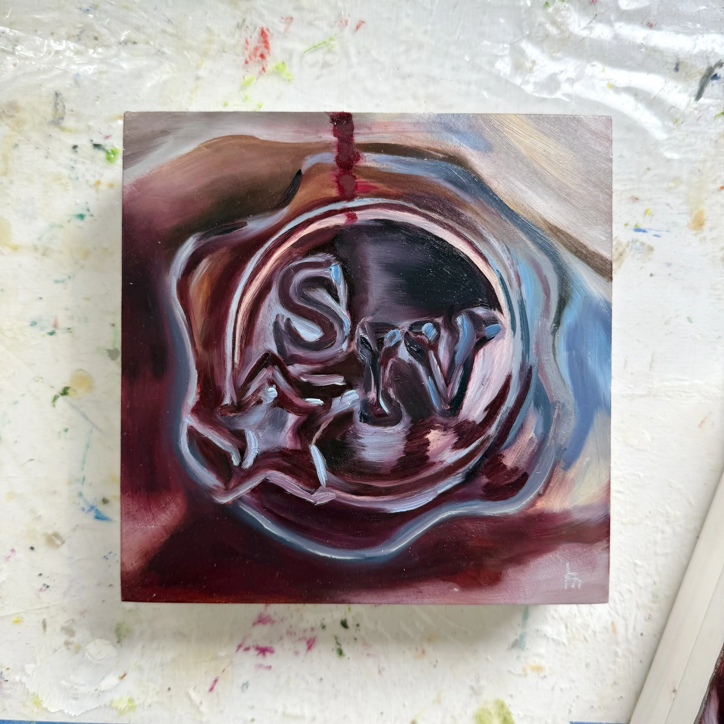 6x6" original oil painting of the Makers Mark seal by Alexandria artist Laurel Prucha Moran