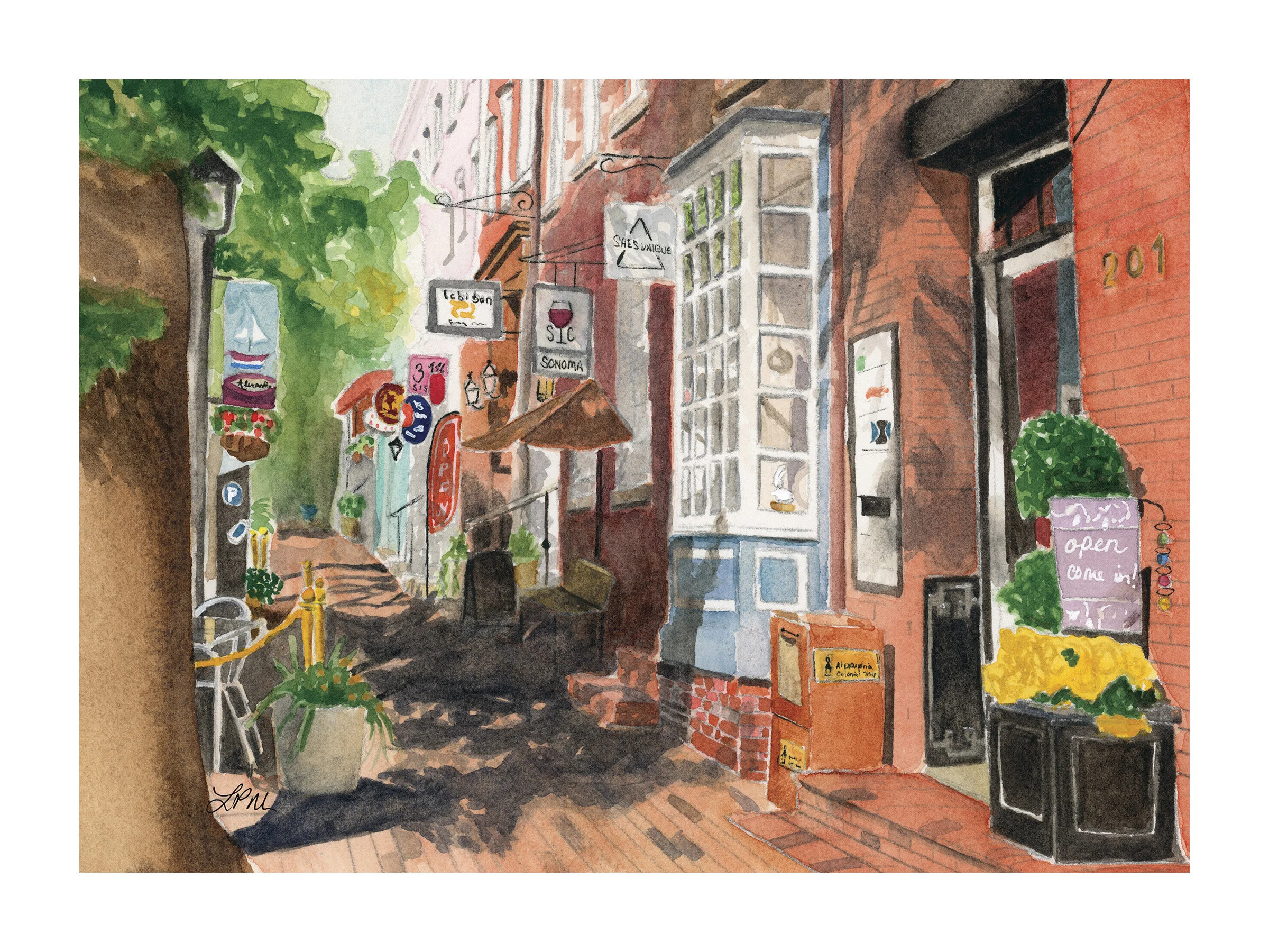 'Old Town Shops' fine art print by Alexandria artist Laurel Prucha Moran