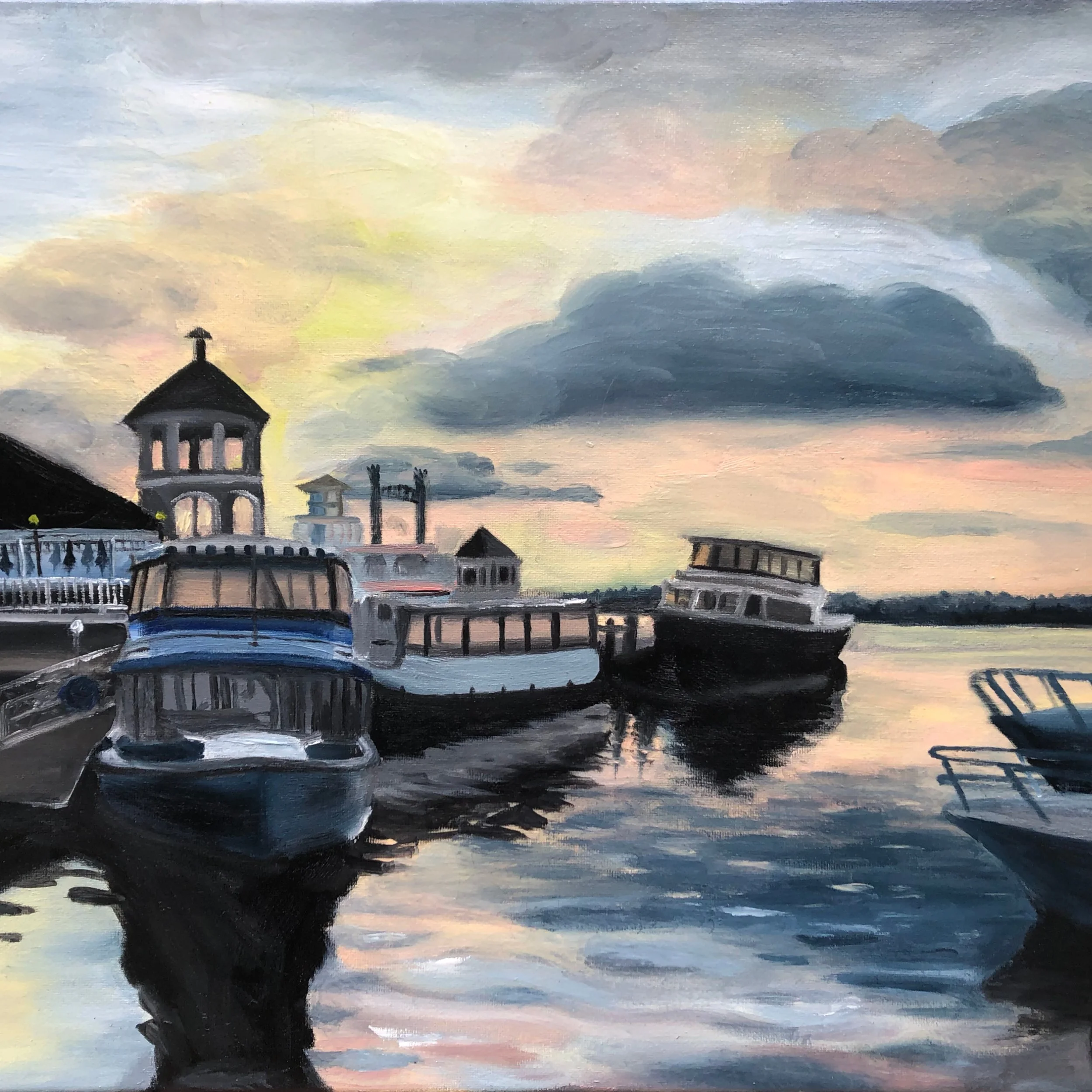 Fine art print of Laurel’s oil painting featuring a view of the Old Town Alexandria waterfront at dawn. 11x14” image with a 1” border