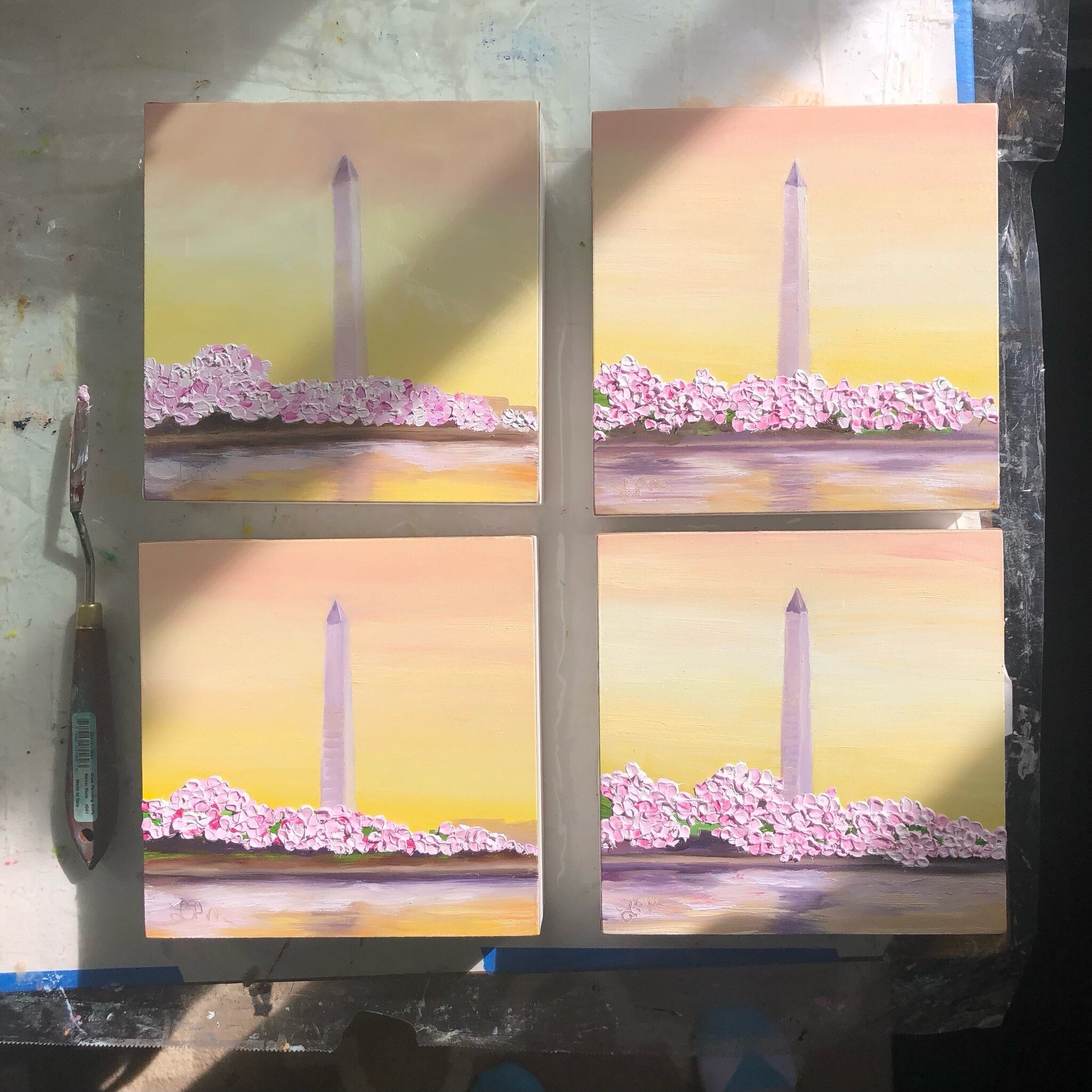 Finished adding the cherry blossoms to four 6x6&rdquo; oil paintings of the Washington Monument (or the Sky Pencil as my kids call it). I didn&rsquo;t add the impasto gel to the flower paint and am a bit worried about how long the thick oil paint wil