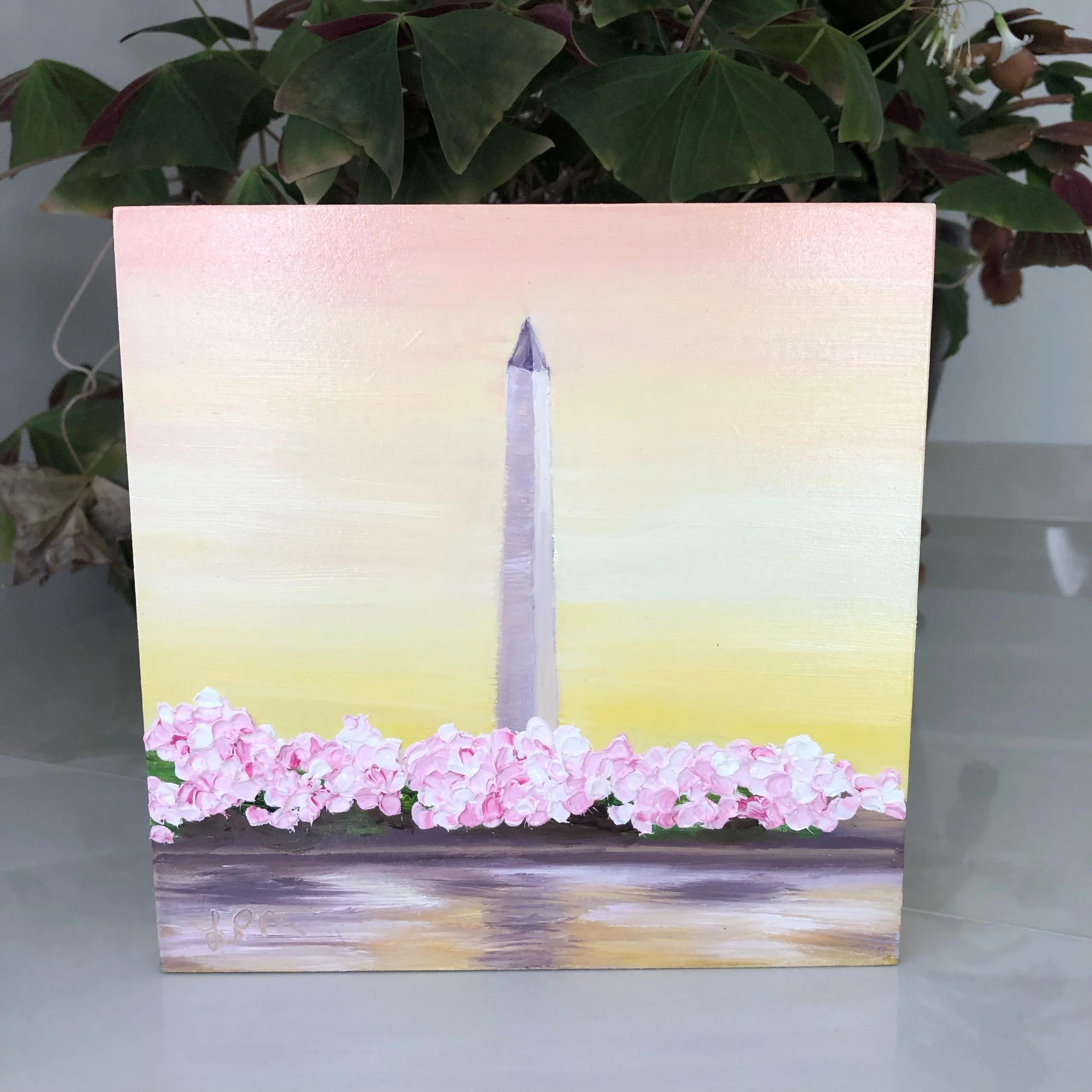 Washington Monument and Cherry Blossoms oil painting by Alexandria artist Laurel Prucha Moran
