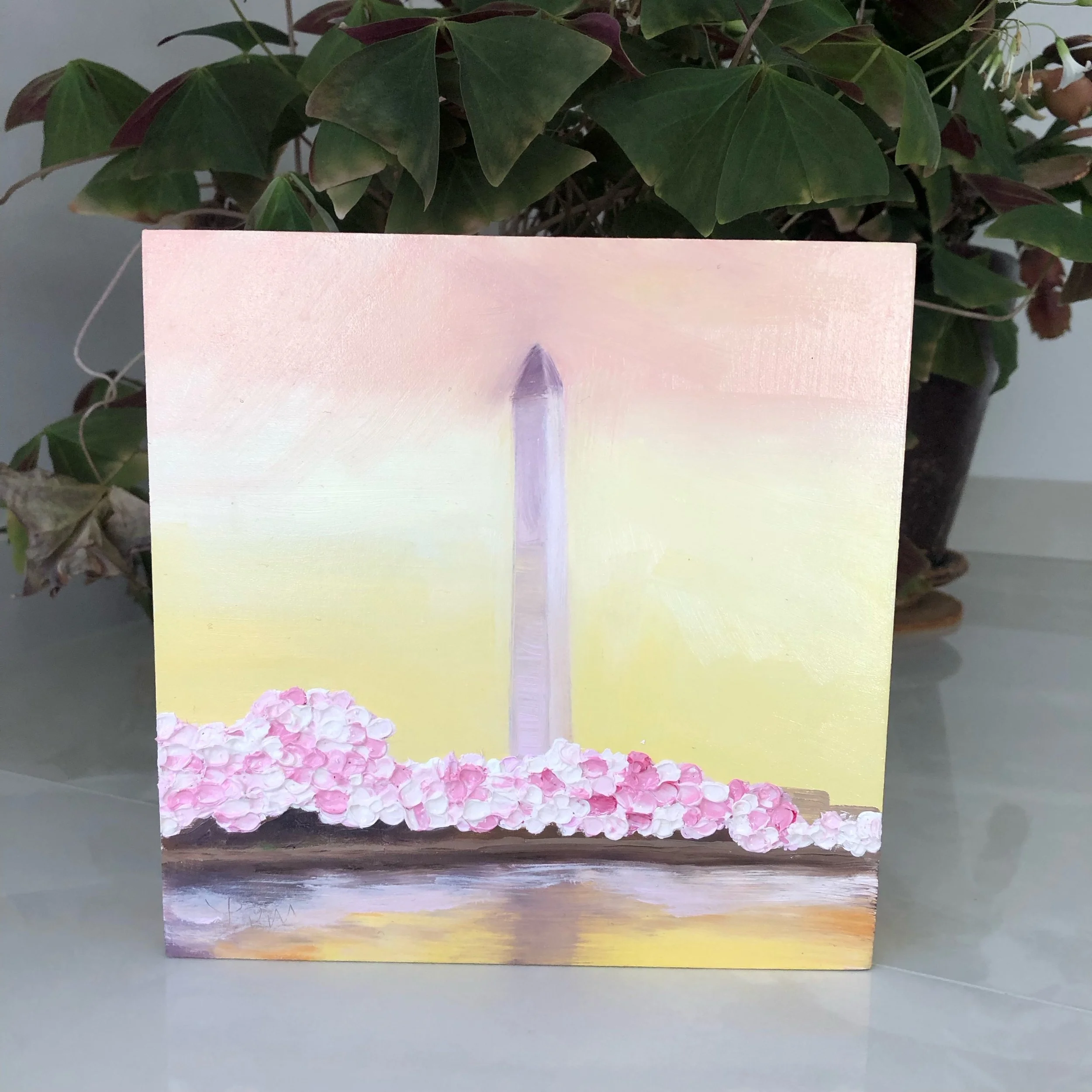 Washington Monument and Cherry Blossoms oil painting by Alexandria artist Laurel Prucha Moran