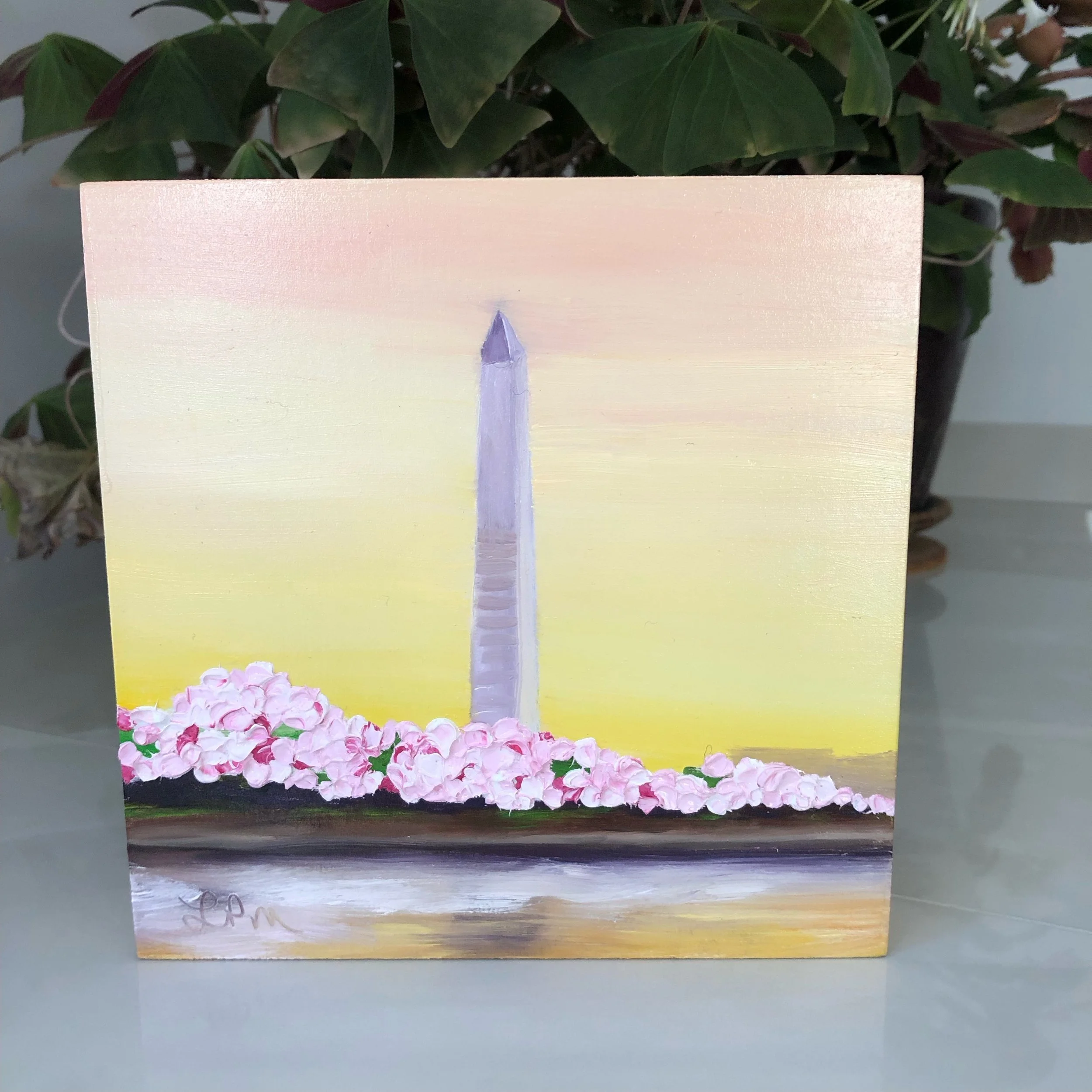 Washington Monument and Cherry Blossoms oil painting by Alexandria artist Laurel Prucha Moran