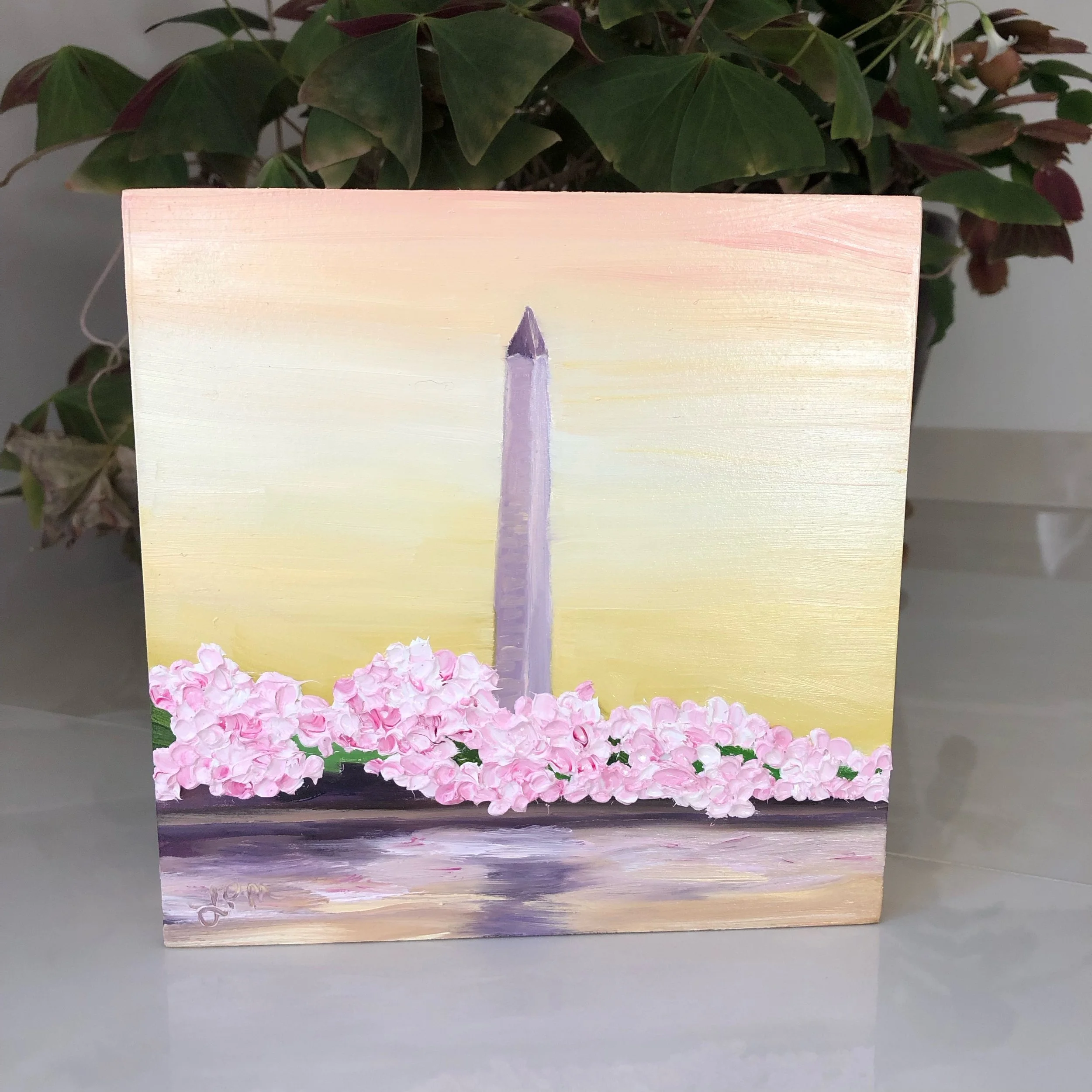 Washington Monument and Cherry Blossoms oil painting by Alexandria artist Laurel Prucha Moran
