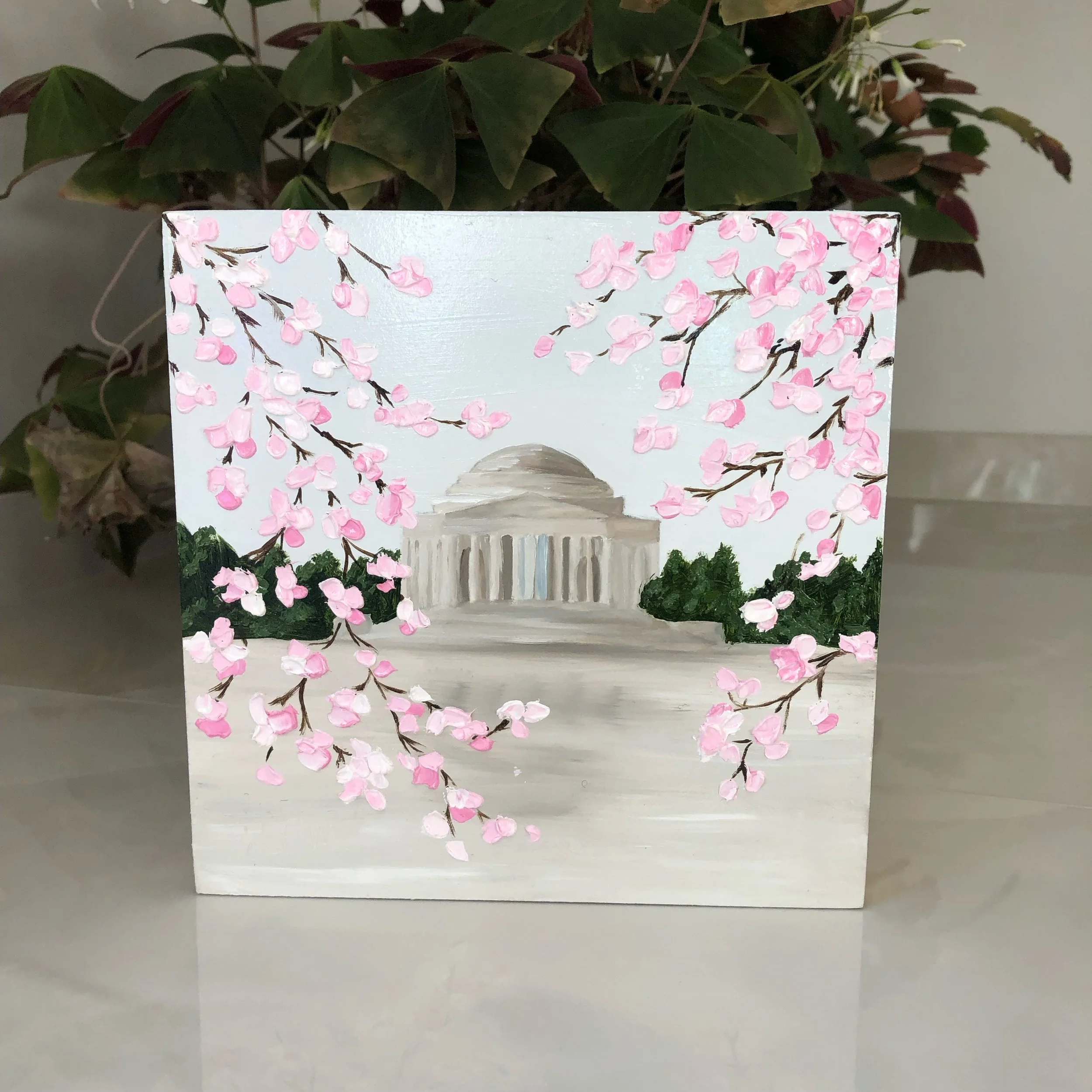 Jefferson Memorial and Cherry Blossoms oil painting by Alexandria artist Laurel Prucha Moran