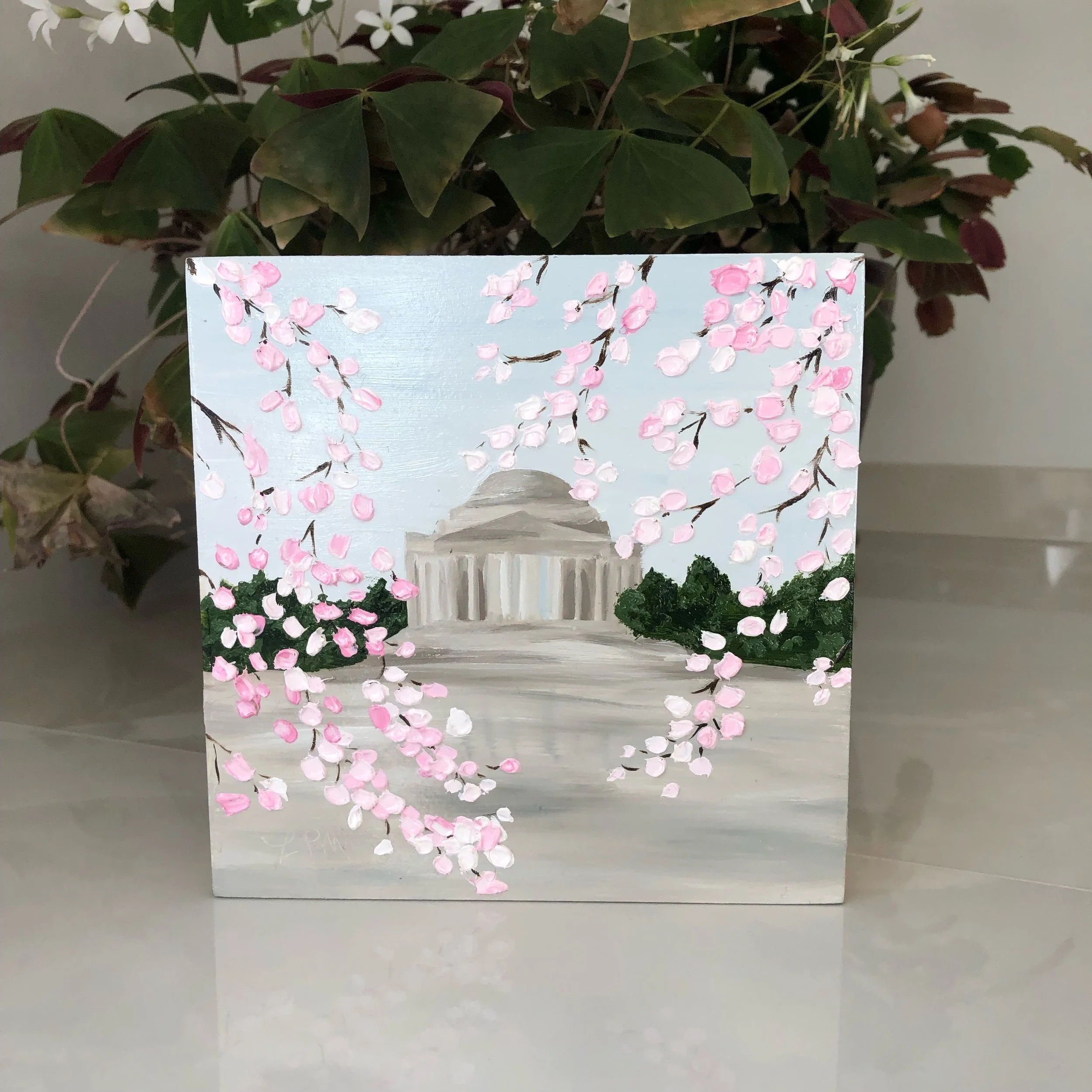 Jefferson Memorial and Cherry Blossoms oil painting by Alexandria artist Laurel Prucha Moran