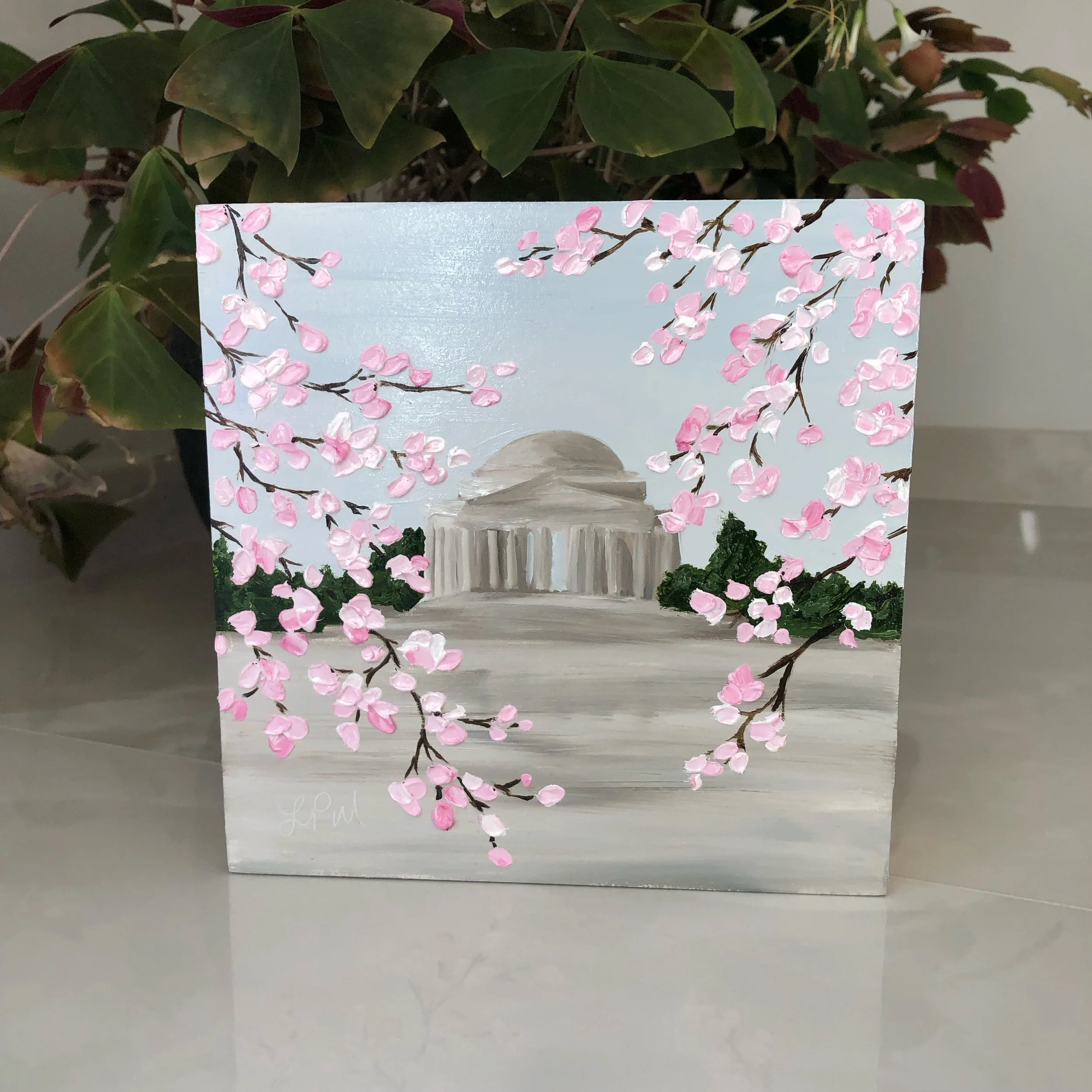 Jefferson Memorial and Cherry Blossoms oil painting by Alexandria artist Laurel Prucha Moran