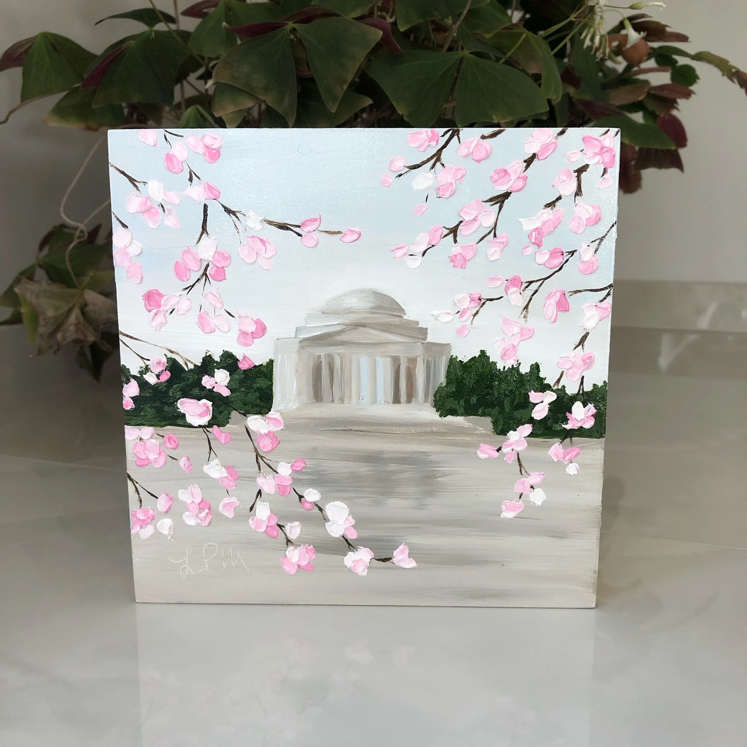 Jefferson Memorial and Cherry Blossoms oil painting by Alexandria artist Laurel Prucha Moran